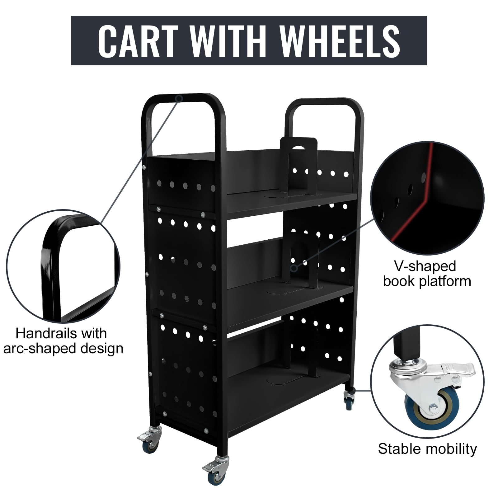 3-Shelf V-Shape Rolling Book Cart with 2 Lockable Wheels - Portable Library Cart for Home, Office & School - Ideal for Book Storage, Classroom Organization & Library Book Transportation (Black)