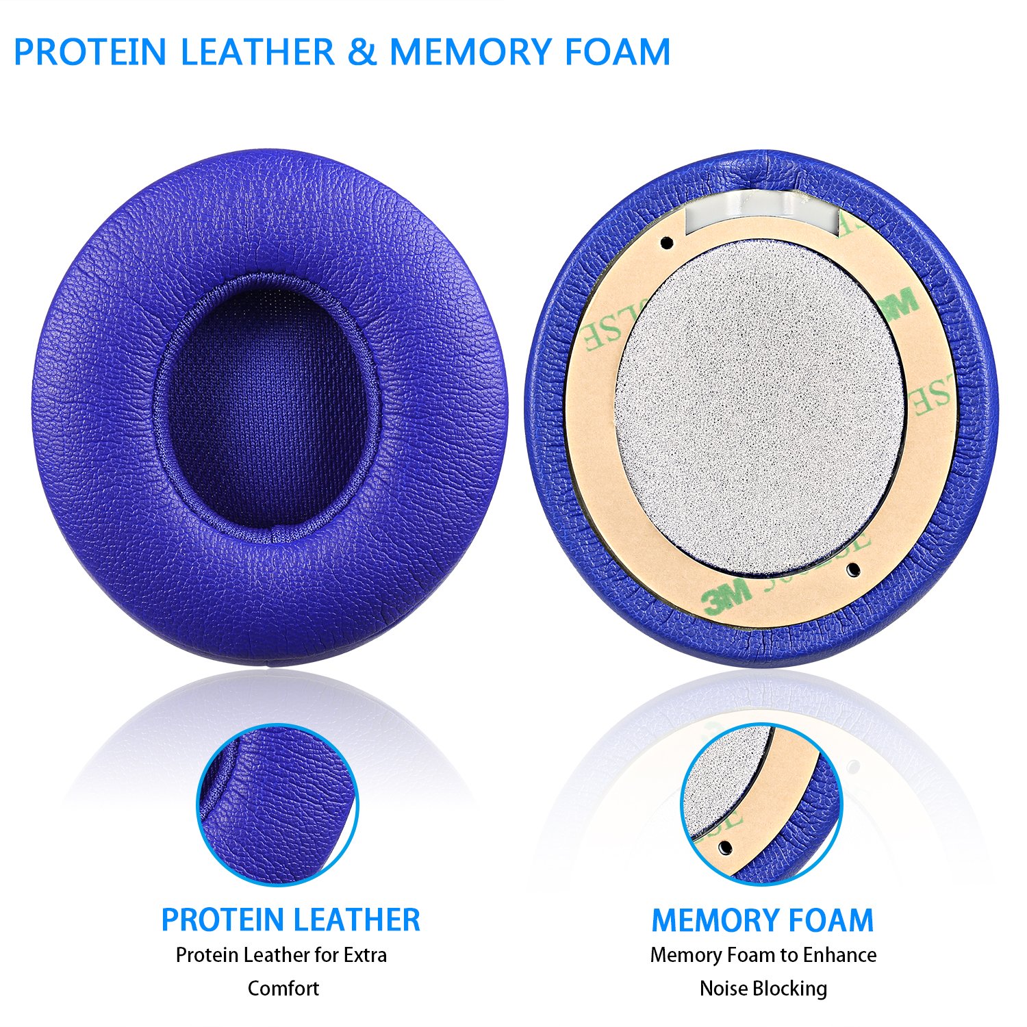 JECOBB Replacement Ear Cushion Pads for Beats Solo 2/3 Wireless Headphones - Protein Leather & Memory Foam Earpads (Blue) - Comfort Upgrade for Music, Gaming & Travel