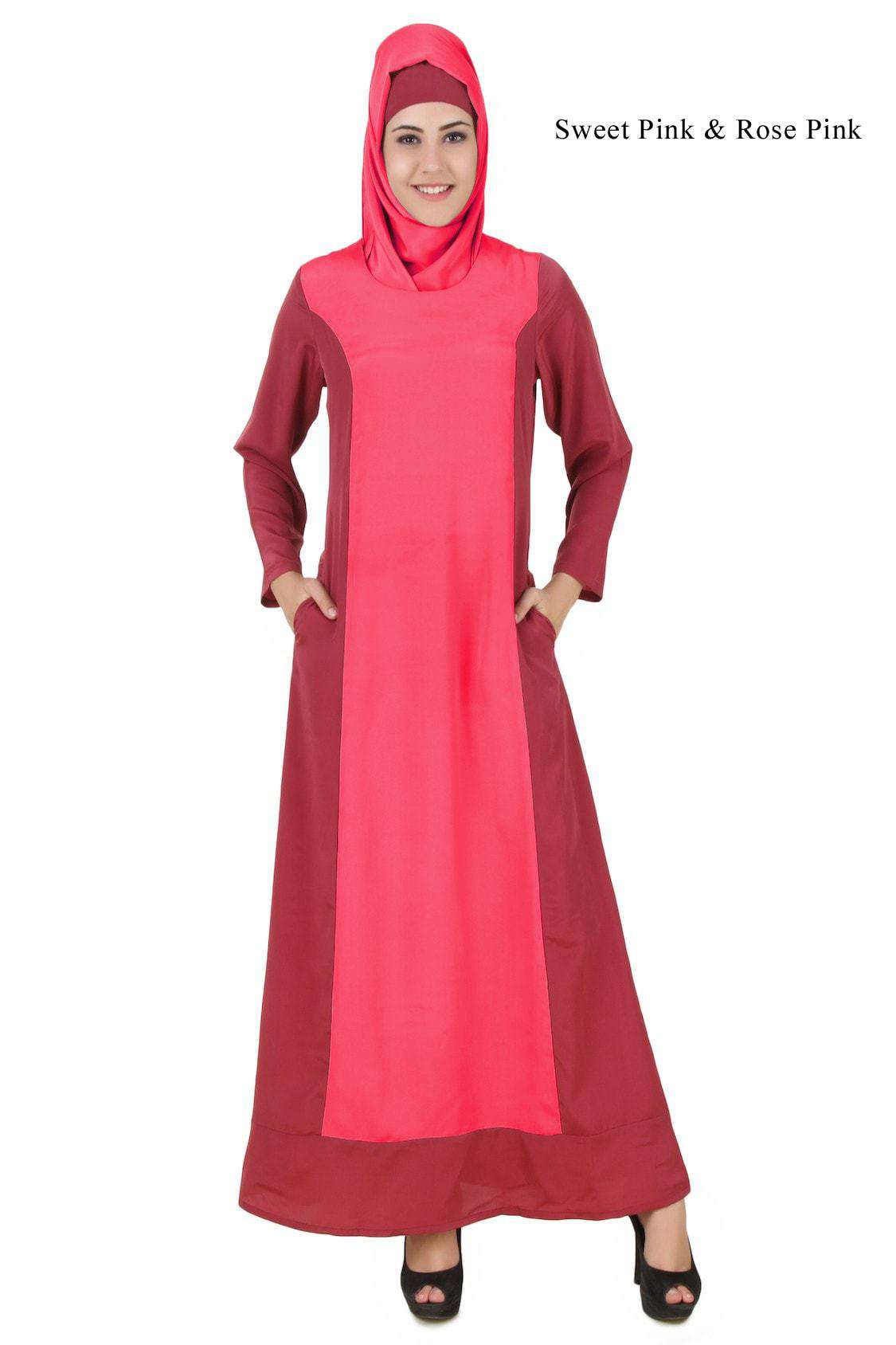 Arshi Slim Fit Rose Pink & Warm Grey Abaya - Elegant Muslim Dress for Women | Perfect for Prayer, Mosque & Special Occasions