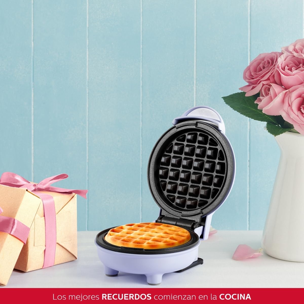Holstein Housewares Mini Waffle Maker - 4 Inch Personal Waffle Iron with Non-Stick Coating, Quick & Easy Breakfast Maker - Perfect for Home, Office, Dorm or Travel - Lavender Purple Color