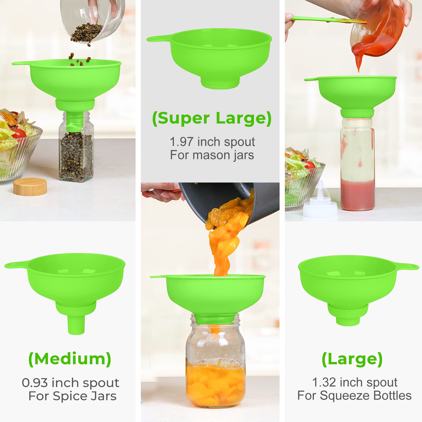 Wide Mouth Kitchen Funnel Set - 4 Size Food Grade Plastic Cooking Funnel for Mason Jars, Oil Bottles & Spice Containers - Perfect for Canning, Baking, DIY Shampoo & Sauce Making