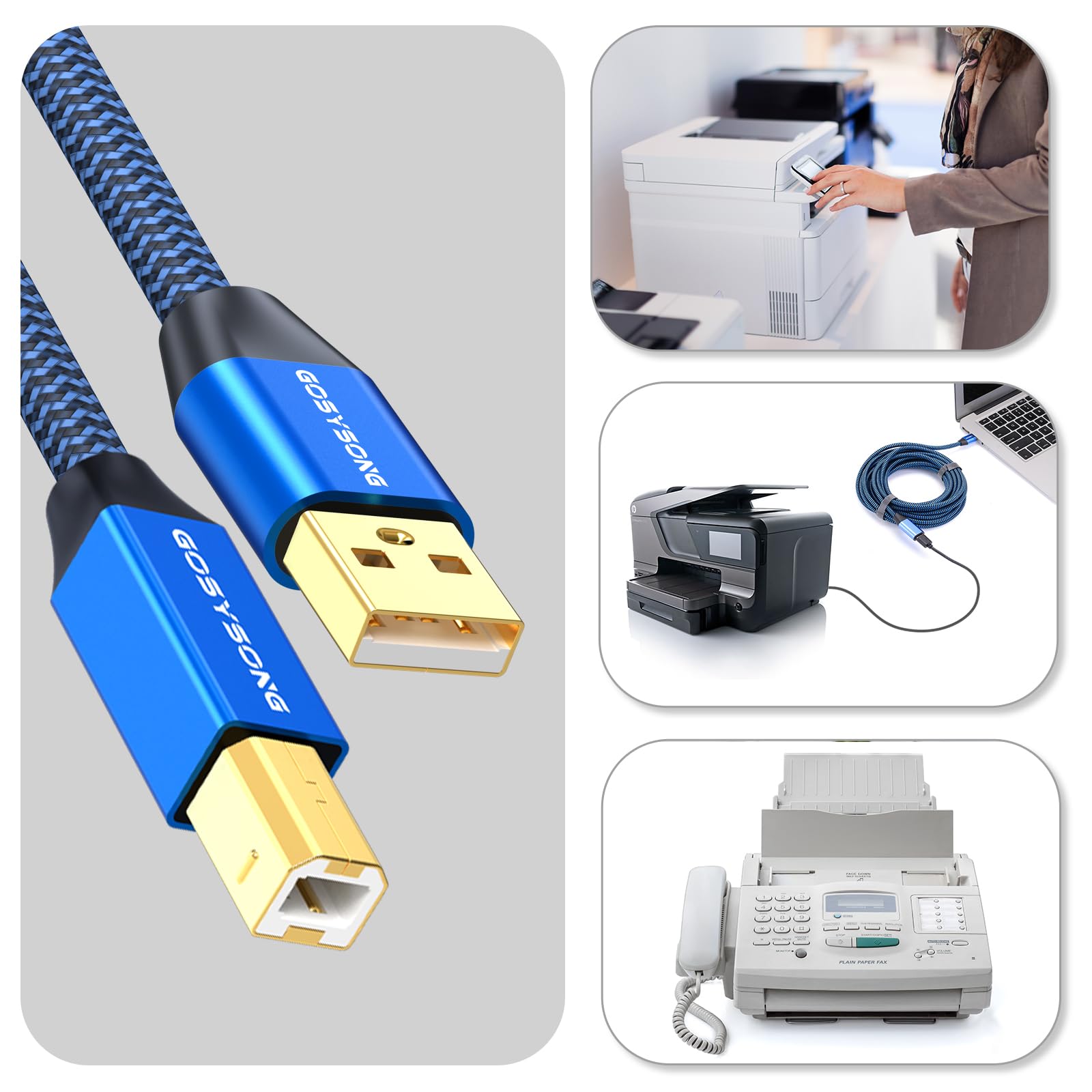 30ft USB 2.0 Printer Cable - High Speed A to B Cord for HP, Canon, Dell, Epson, Xerox Printers - Durable Blue Cable for Home & Office Printing Needs