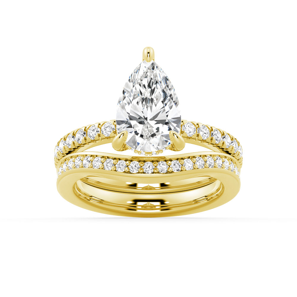 Pear Shaped Hidden Halo Moissanite Engagement Ring Set with Matching V-Curved Wedding Band - Perfect for Proposals, Anniversaries & Bridal Jewelry