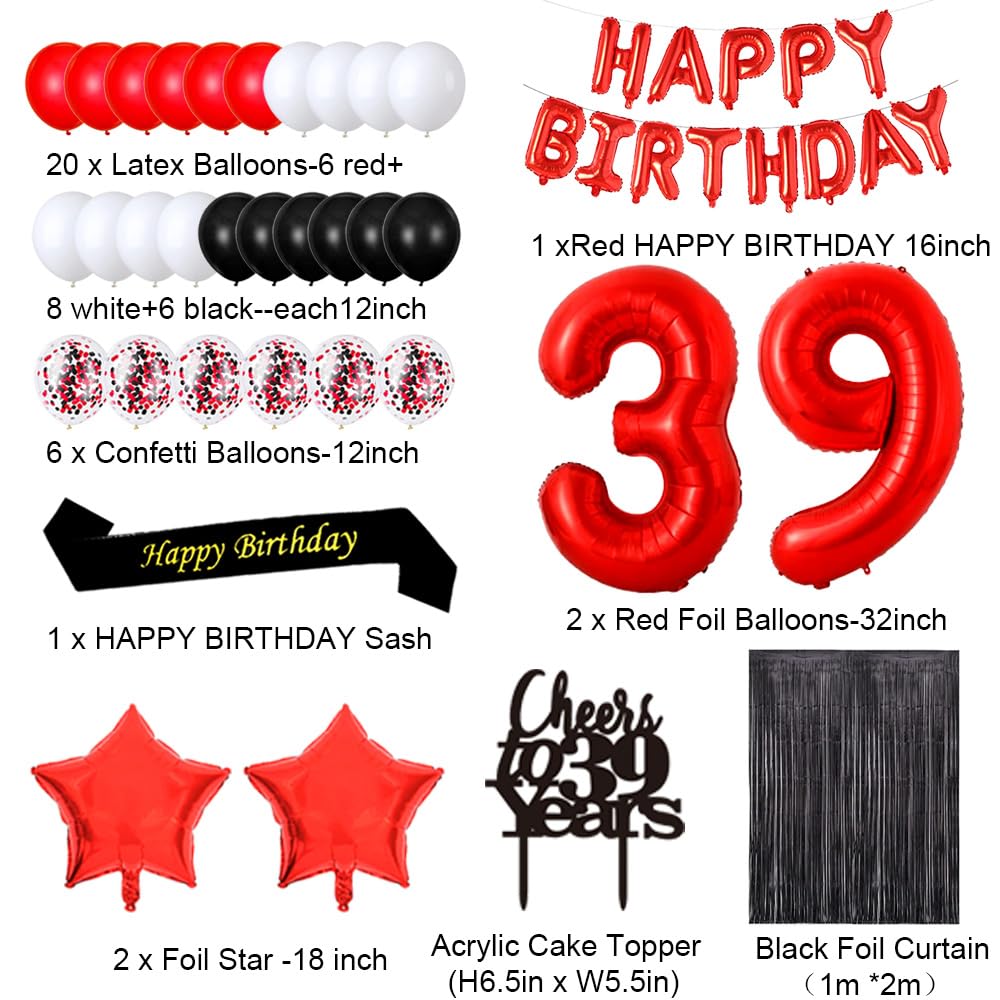 39th Birthday Party Decorations Kit - Happy Birthday Banner, Sash, Cake Topper, Number 39, Confetti & Latex Balloons for Women | Red & Black Theme | Perfect for Milestone Birthday Celebrations, Photo Backdrops & Surprise Parties