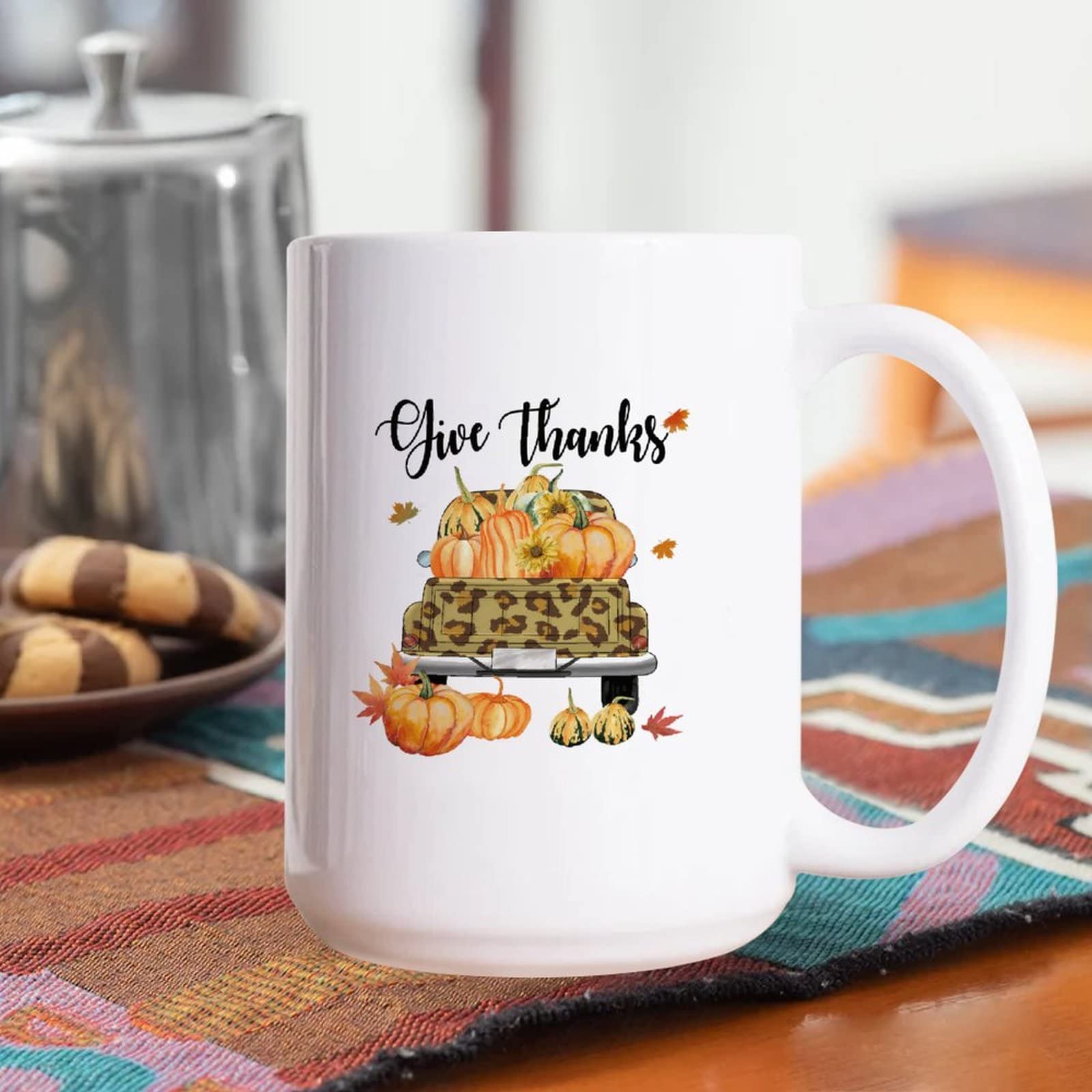 15oz White Ceramic Coffee Mug - Autumn Fall Truck with Pumpkins Design, Thanksgiving Themed Cup for Coffee, Tea, Milk & Juice - Funny Gift for Sister, Brother, Grandparents - Perfect for Holiday Gatherings, Office Use & Cozy Home Mornings