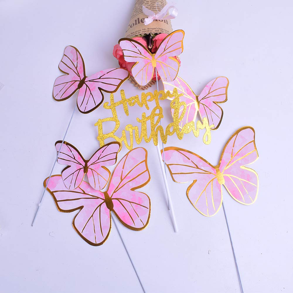 Happy Birthday Cake Topper - Butterfly & Bunting Party Decorations for Birthday Cakes | Pink Birthday Party Supplies for Weddings, Baby Showers & Celebrations