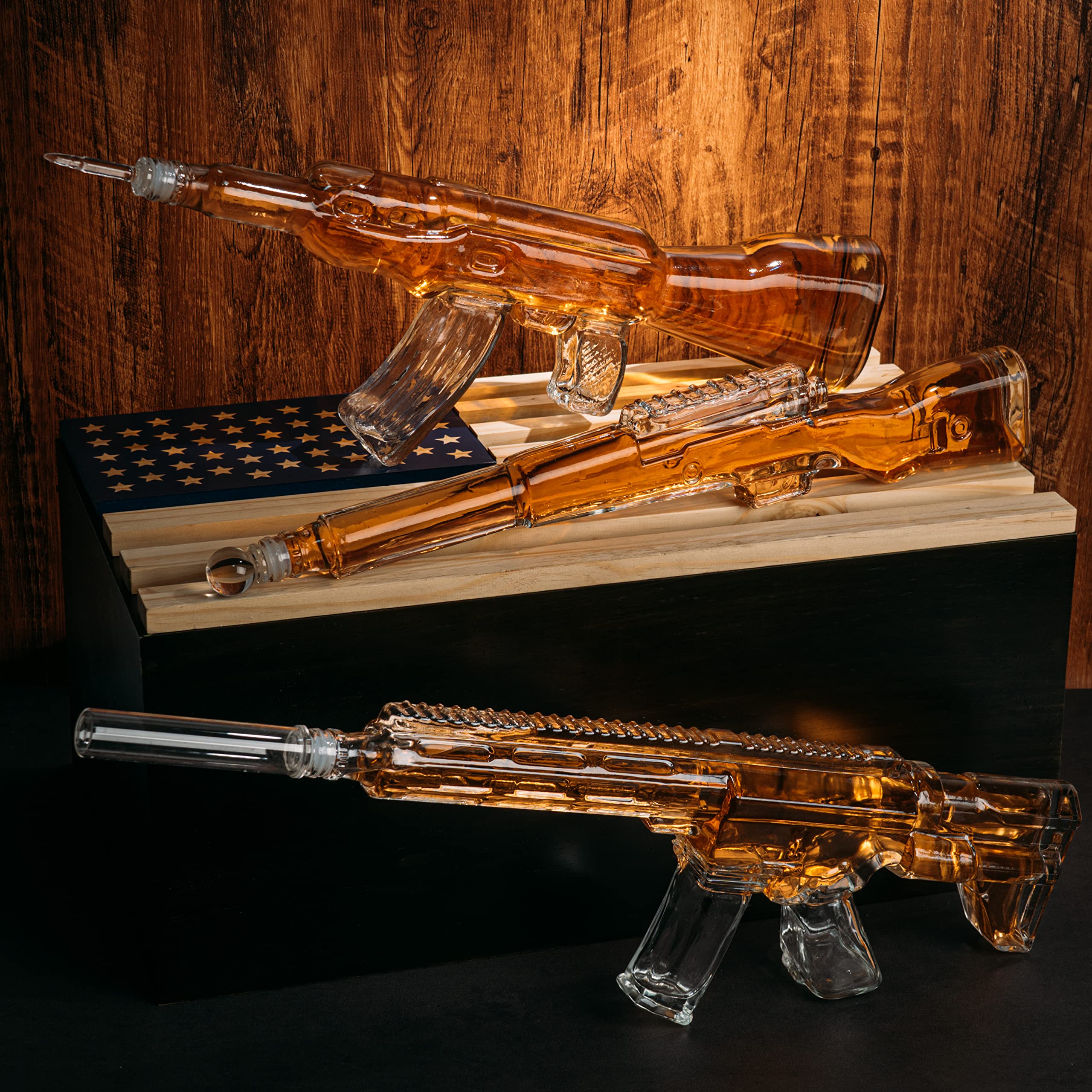 Premium 3-Piece Whiskey Decanter Set with Rifle Design - 1000ml Glass Gun Decanters for Bourbon, Scotch & Whiskey | Unique Veteran Gifts, Military Present, Gun Enthusiast Gift Idea for Dad | Perfect for Home Bar, Man Cave & Whiskey Tasting Parties (TikTok Viral Gift)