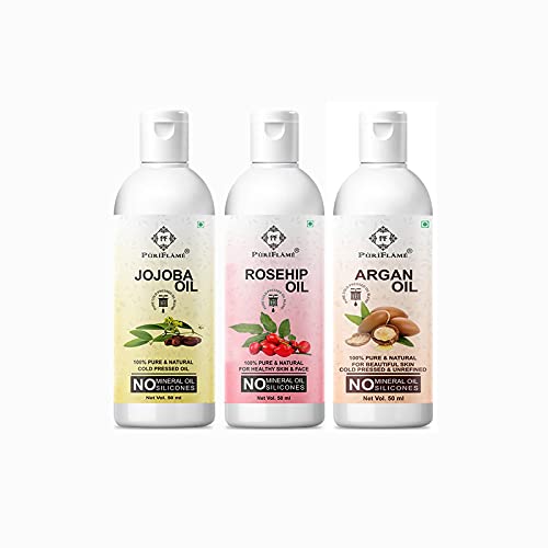 PuriFlame 100% Pure Jojoba Oil 50ML + Rosehip Oil 50ML + Argan Oil 50ML Set for Hair Growth, Anti Hair Loss, Split Ends Repair & Shiny Hair Treatment - Natural Hair Care Combo Pack of 3 for Daily Nourishment & Scalp Massage