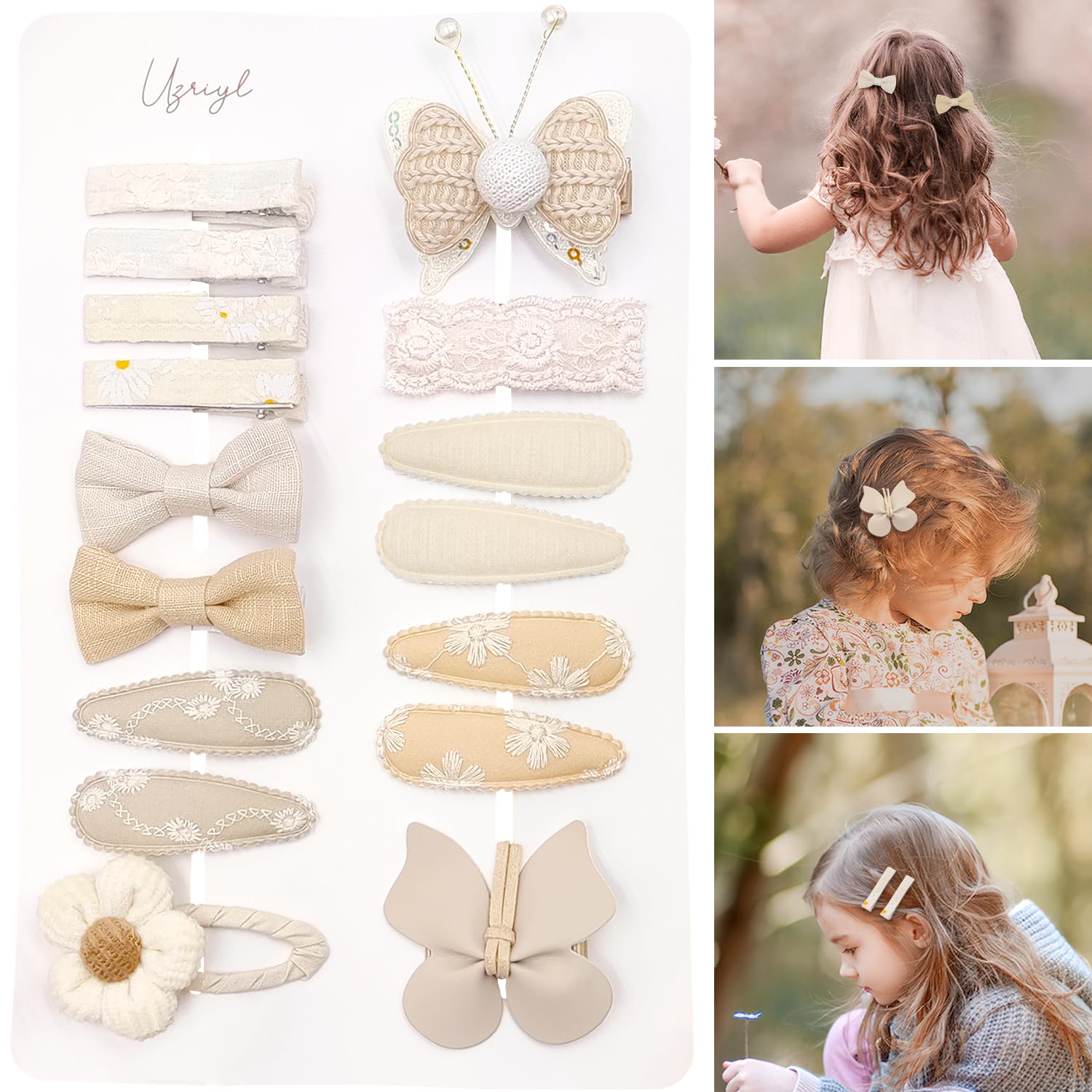 16Pcs Butterfly Flower Hair Clips for Girls - Handmade Fabric Hair Bows Barrettes for Baby, Toddler & Kids - Soft Lined Hair Accessories (Beige) - Perfect for School, Parties & Daily Wear