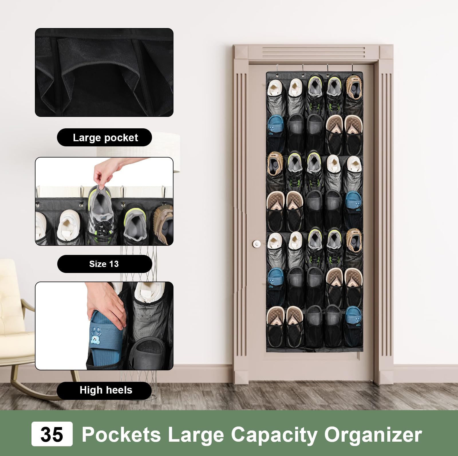 Over the Door Shoe Organizer with 35 Mesh Pockets - Space Saving Hanging Shoe Storage for Closet, Entryway, Bedroom - Perfect for Men's Sneakers, Women's Heels & Flip Flops - Ideal for Small Spaces & Apartment Living