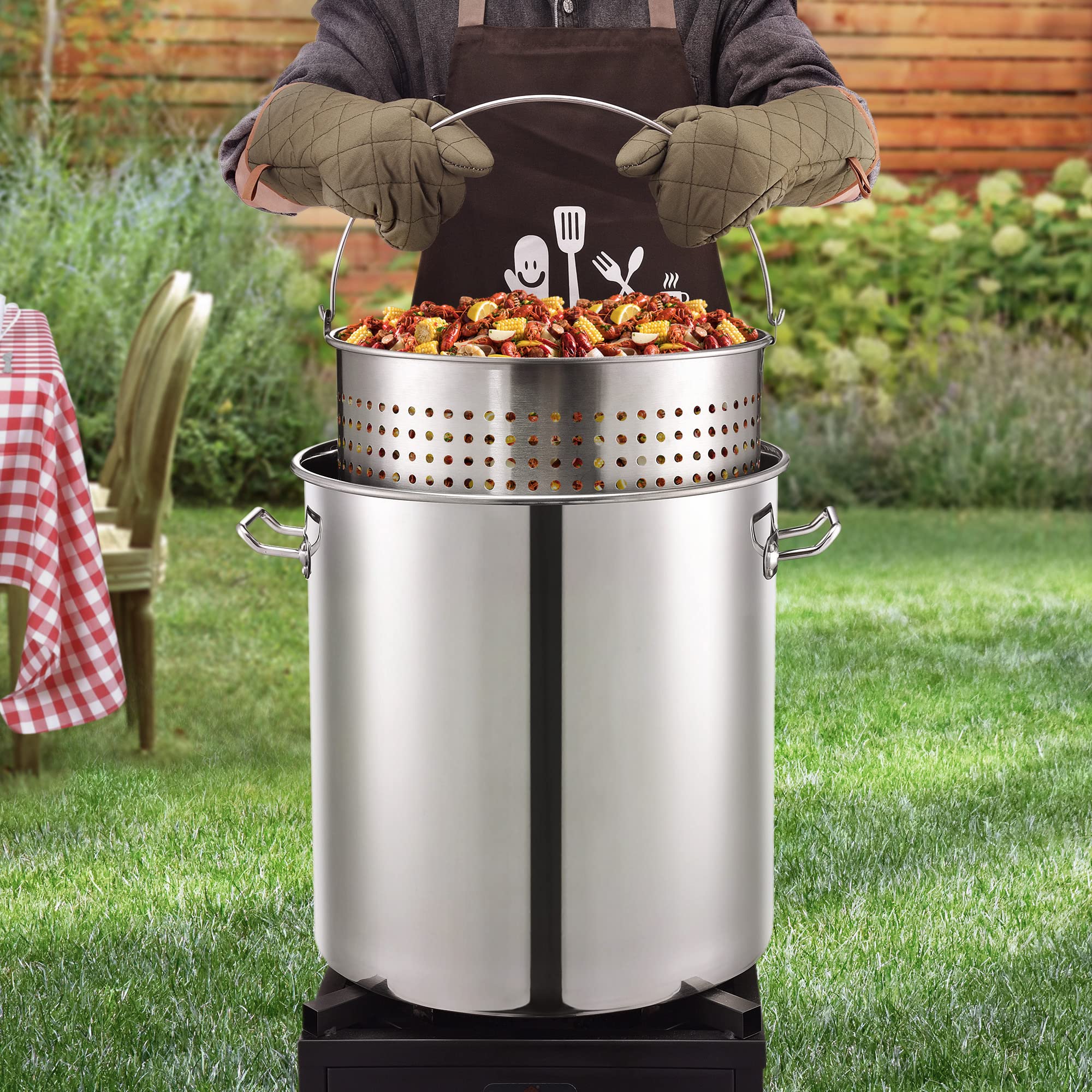 64-Quart Stainless Steel Seafood Boil Pot with Basket & Strainer - Perfect for Crawfish, Crab, Lobster & Shrimp Boils - Includes 2 Brown Paper Liners - Also Great for Turkey Frying & Large Batch Cooking (16 Gallon)