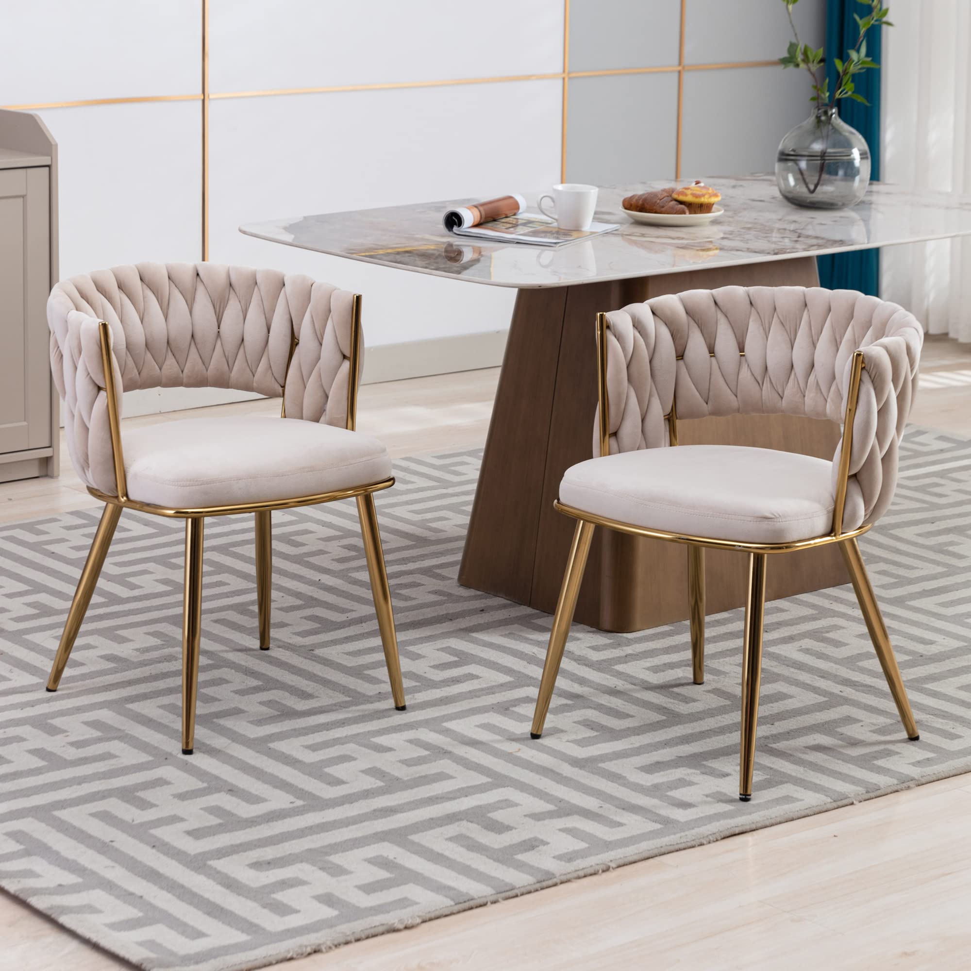 KCC Modern Velvet Dining Chairs Set of 4 - Upholstered Living Room Chairs with Woven Back & Gold Metal Legs - Mid Century Accent Side Chairs for Dining Room, Kitchen, Office - Soft Beige Velvet Fabric - Perfect for Home Decor, Entertaining Guests & Comfortable Seating