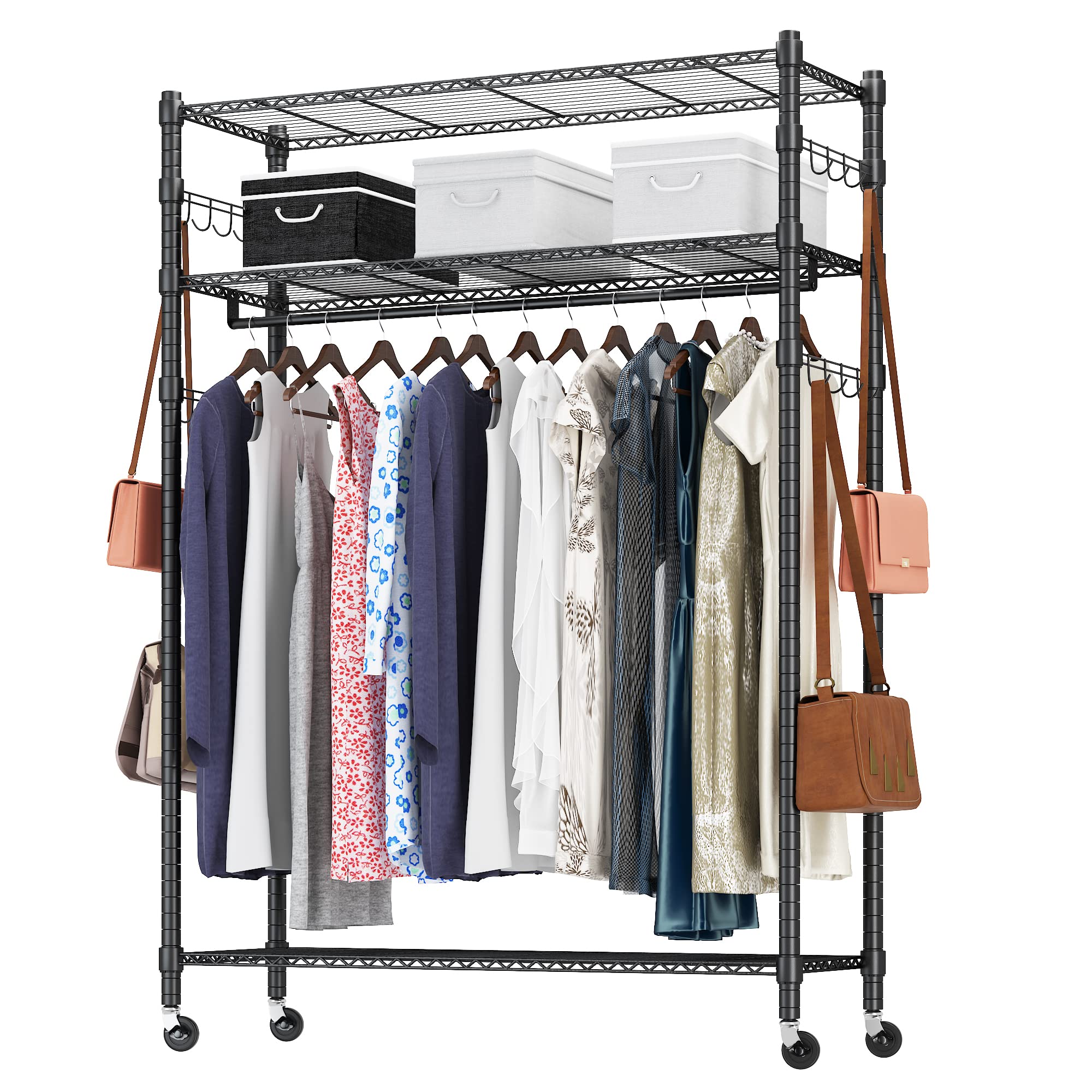 Heavy Duty Rolling Clothes Rack with Adjustable Shelves - Freestanding Garment Rack with 1 Hanging Bar, 3-Tier Wire Shelves & 4 Hooks - Holds 400Lbs (Black) - Perfect for Closet Organization, Laundry Room Storage & Commercial Use