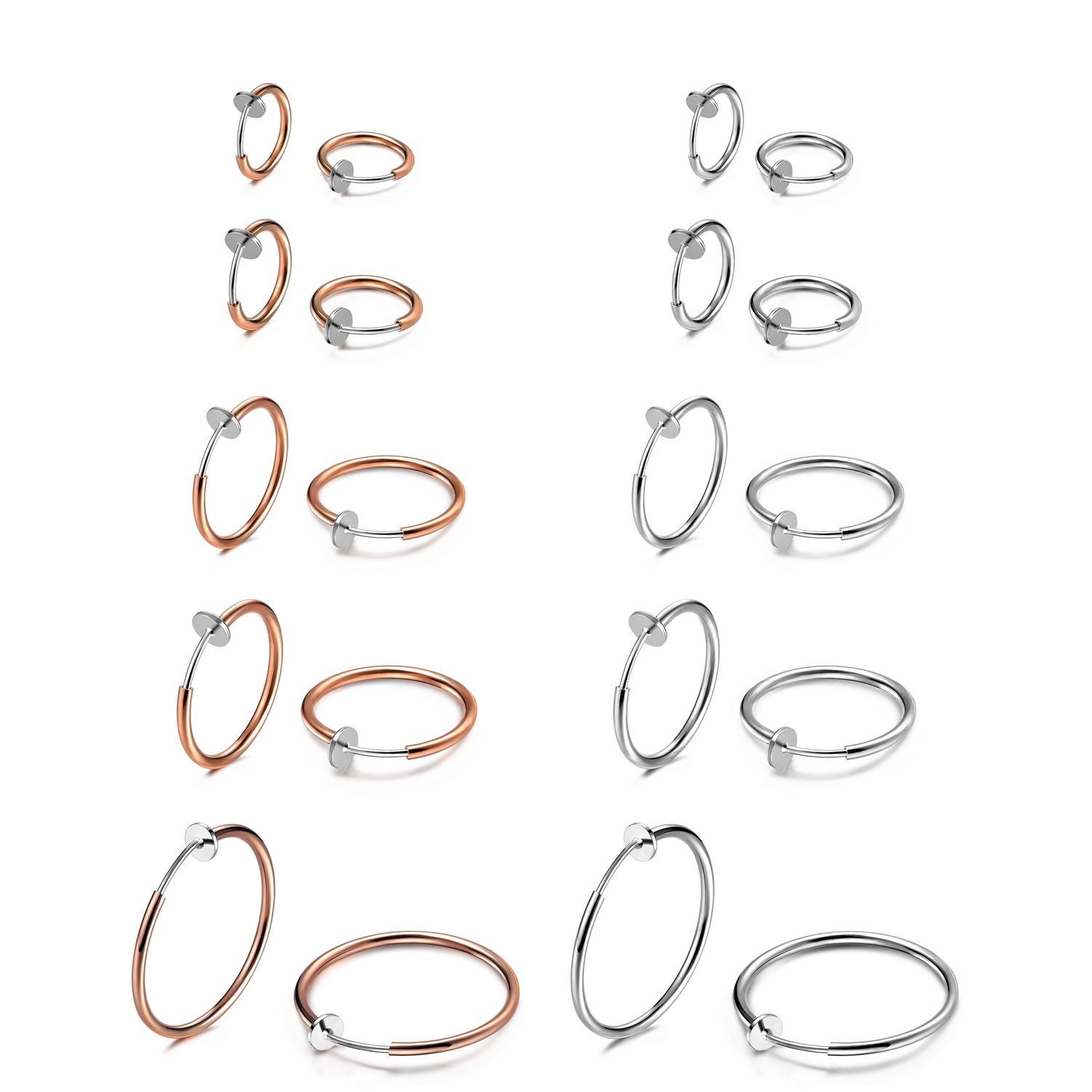 Non-Piercing Fake Nose Ring & Clip-On Hoop Earrings for Women & Men - 10 Pairs (13mm-25mm) in Black, Silver, Gold & Rose Gold - Faux Lip & Septum Rings, Spring Endless Hoops - Perfect for Costume Parties, Halloween, Cosplay & Everyday Fashion Accessories