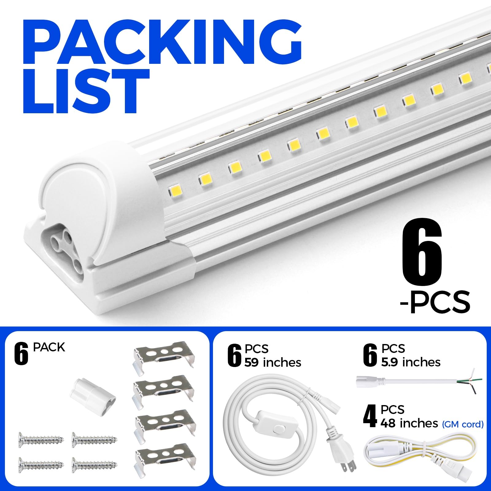 Barrina 8FT LED Shop Light - 72W 10000LM 6500K Super Bright Linkable LED Tube Lights with Clear Cover, V-Shape T8 Integrated Fixture for Garage, Warehouse, Workshop (6 Pack) - Perfect for Industrial Lighting, Home Improvement & Commercial Spaces