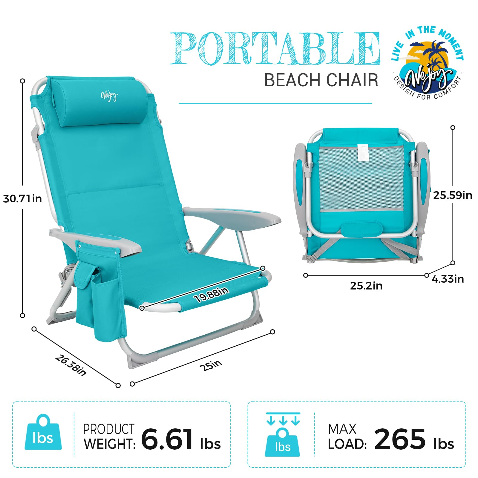 WEJOY Folding Beach Chair for Adults - 4 Position Adjustable Lightweight Aluminum Sand Chair with Shoulder Strap, Cup Holder & Padded Headrest - Supports 265lbs - Perfect for Beach, Camping, Backyard & Outdoor Relaxation