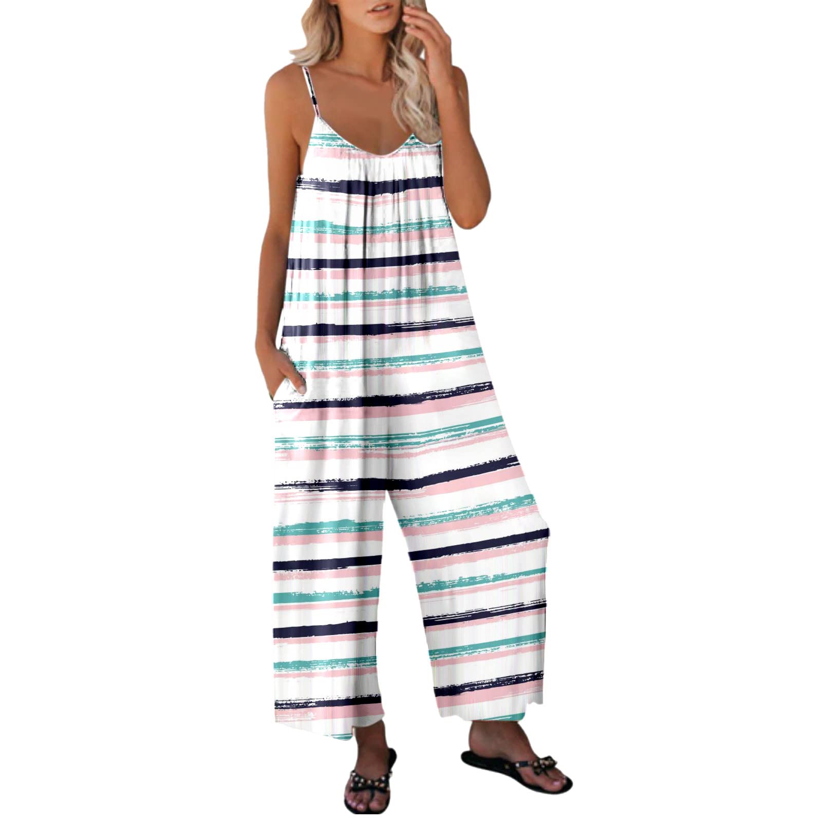 JOFOW Women's Casual Sleeveless Jumpsuit - Summer Spaghetti Strap Printed Romper with Pockets & V-Neck | Beach Outfit, Vacation Wear, Party Dress, Lounge Clothing