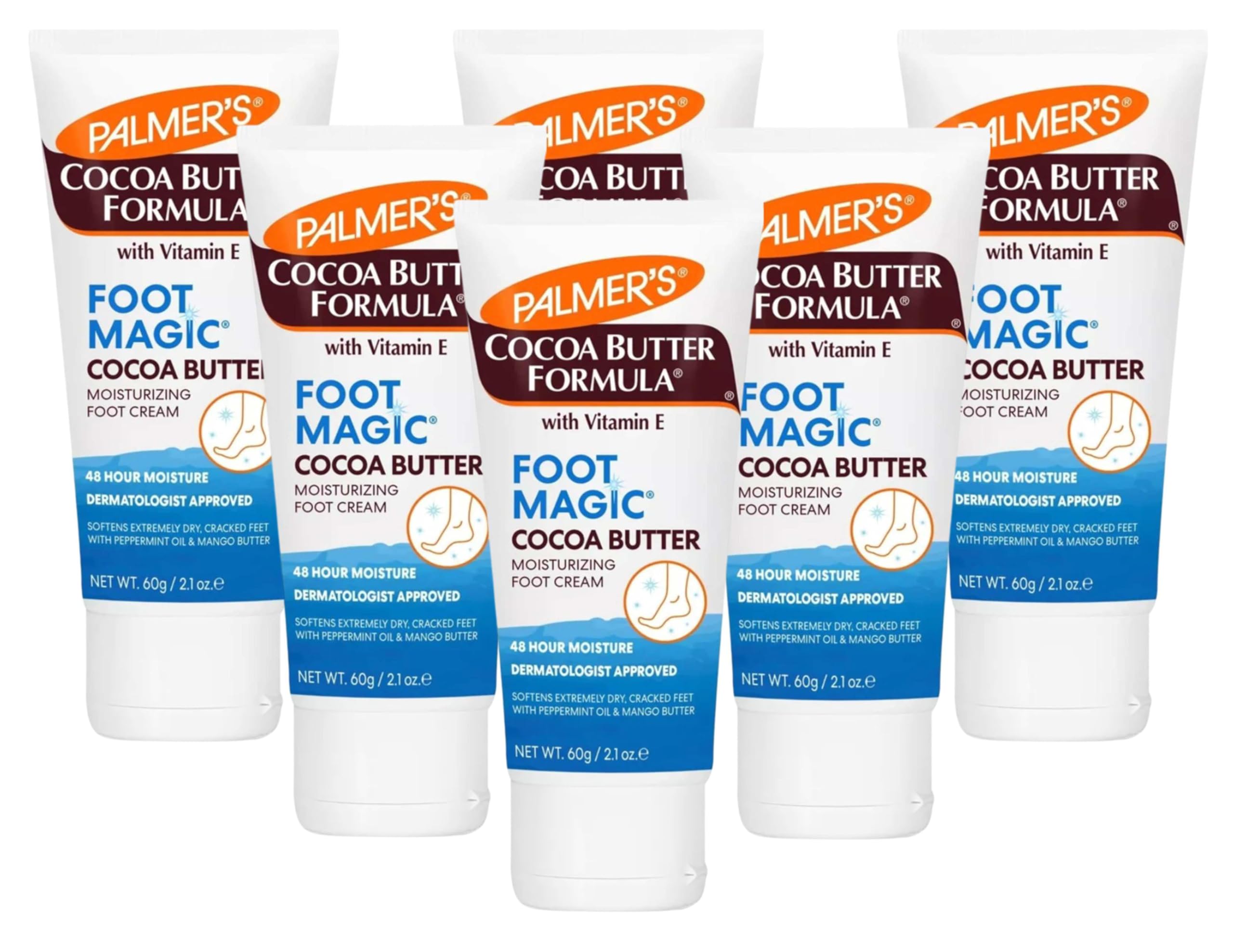 Palmers Cocoa Butter Foot Magic Moisturizer Cream 2.1oz (6 Pack) - Deep Hydration for Dry Cracked Heels & Calluses - Perfect for Pedicures, Overnight Foot Treatment & Daily Foot Care