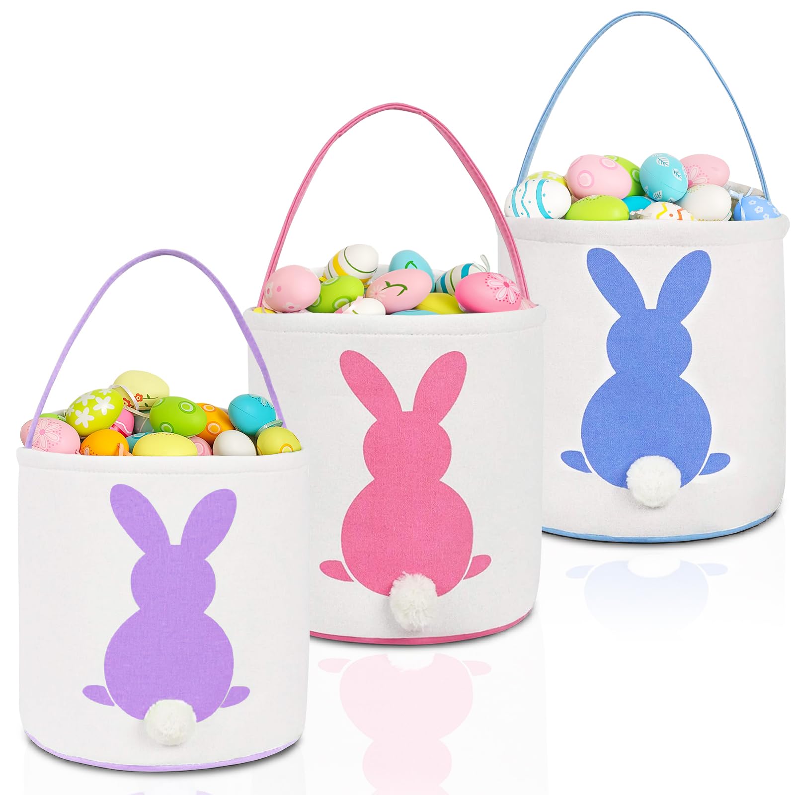 Easter Bunny Baskets for Kids - 3 Pack Canvas Easter Egg Hunt Bags, Rabbit Themed Gift Toys & Tote Buckets (Purple, Pink, Blue) - Perfect for Easter Egg Hunts, Party Favors & Spring Celebrations