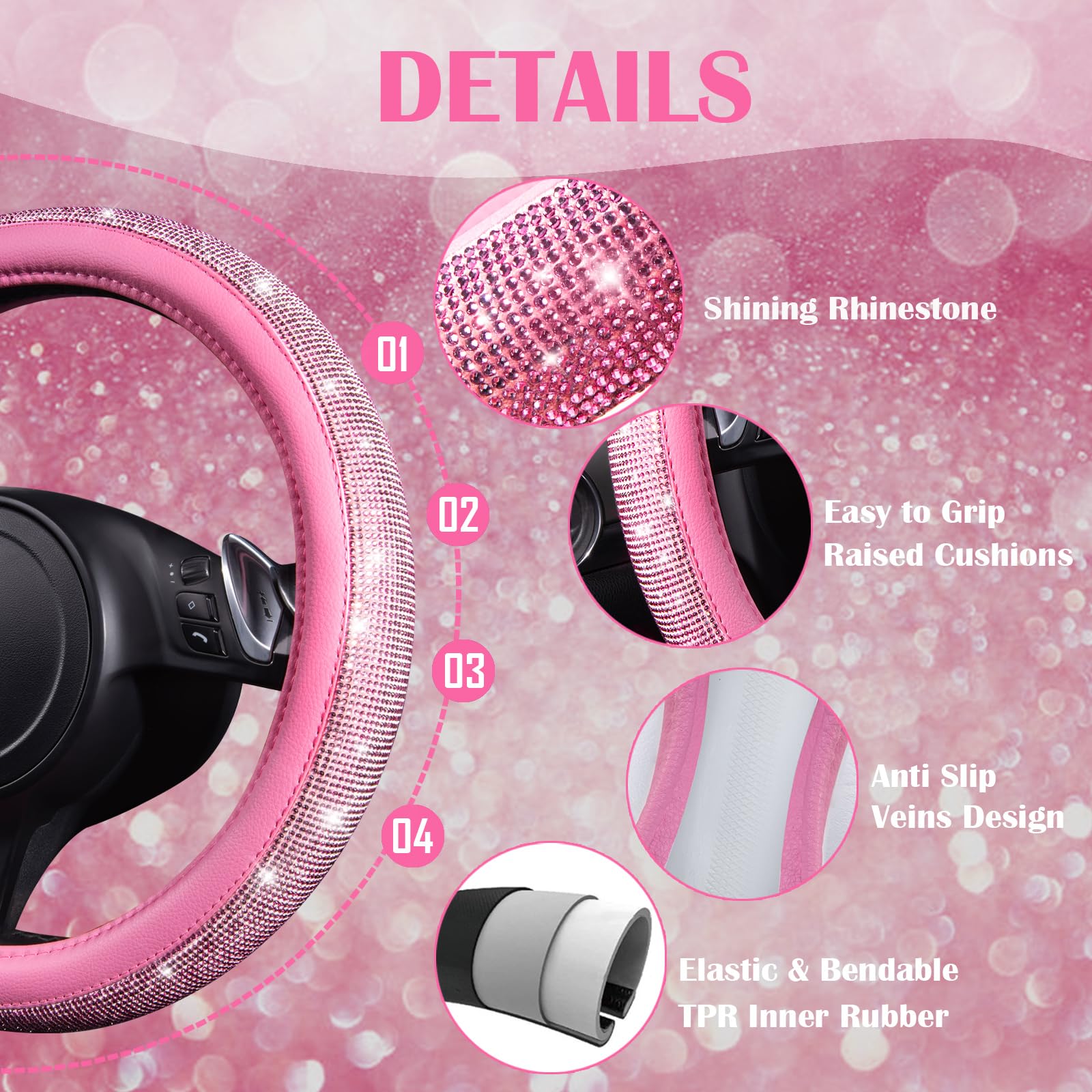 24PCS Pink Bling Diamond Car Accessories Set for Women - Leather Seat Covers, 15'' Steering Wheel Cover, Rhinestone Car Hooks & Coasters - Sparkly Interior Decor for Cars, SUVs & Trucks - Perfect Gift for Her, Birthday & Christmas