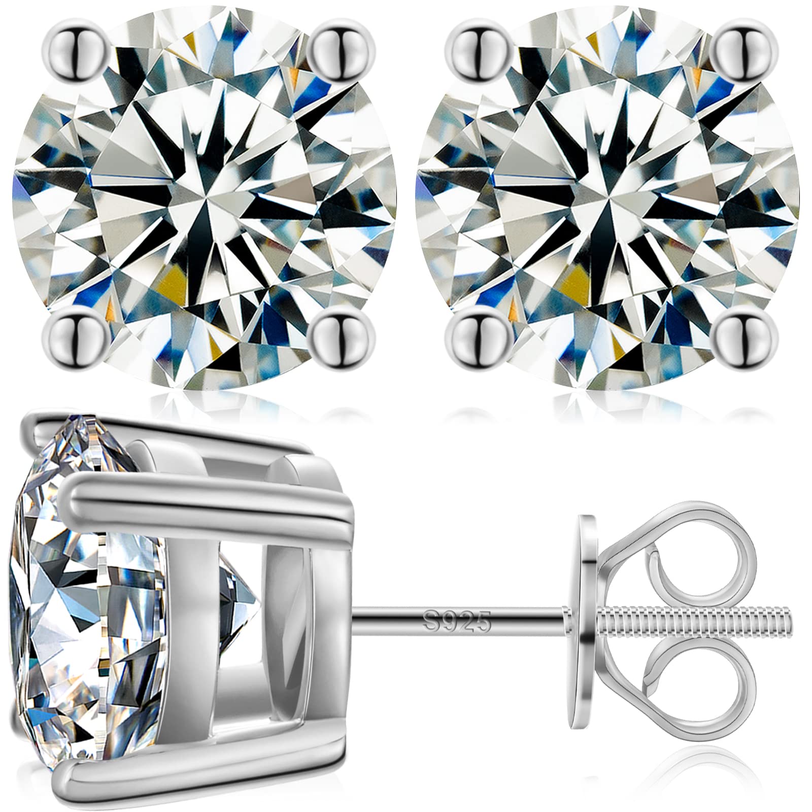 Lab-Created Moissanite Stud Earrings for Women & Men | 0.2CT-8.0CT Round Cut D Color VVS1 Clarity | 18K Gold Plated or 925 Sterling Silver | Screw Back Secure Fit | Perfect for Weddings, Anniversaries & Everyday Elegance