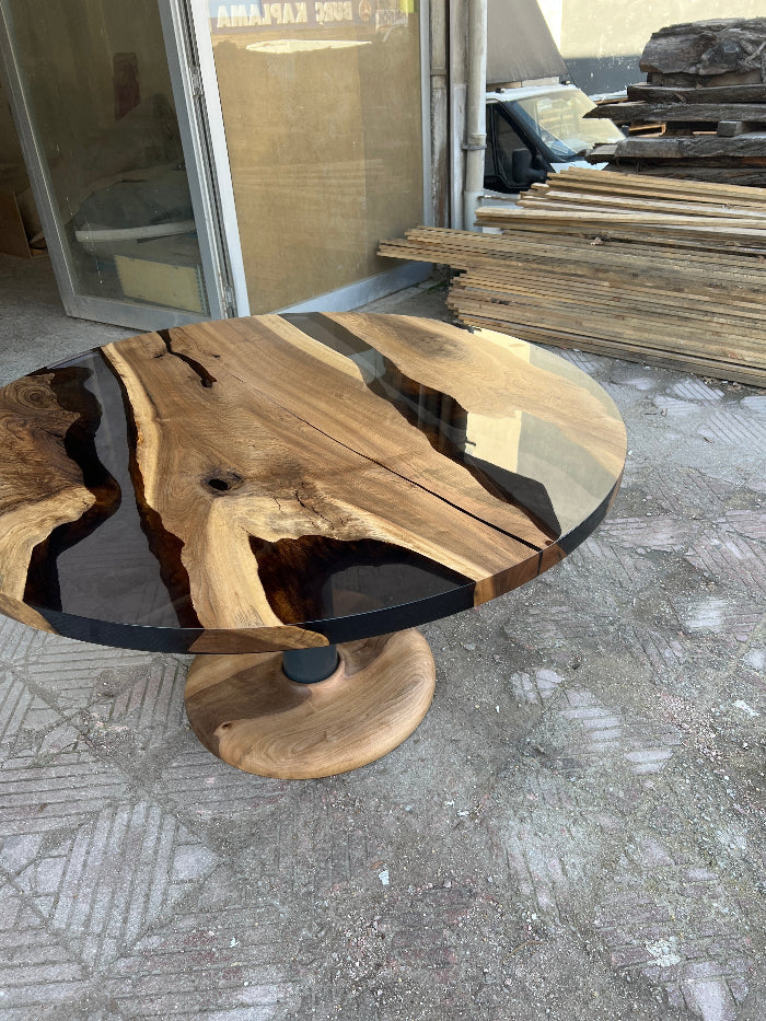 Handmade Custom Round Epoxy Resin Walnut Dining Table with Solid Wood Base - Perfect for Kitchen, Dining Room, and Modern Home Decor