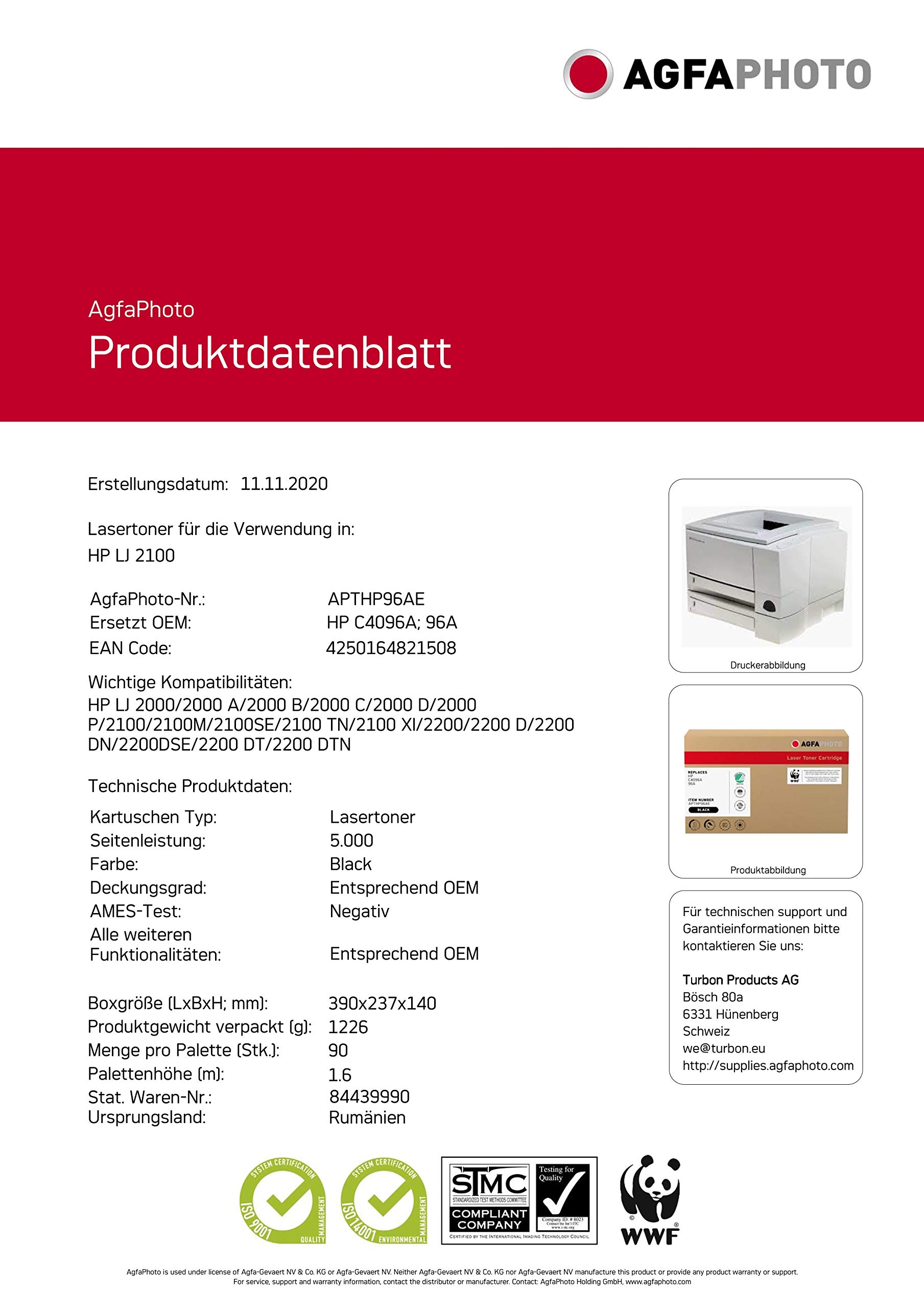 AGFAphoto APTHP96AE High-Yield Toner Cartridge - Compatible with HP LaserJet 2100 C4096A & Canon EP-32 - Perfect for Office Printing, Document Copies & Home Office Use
