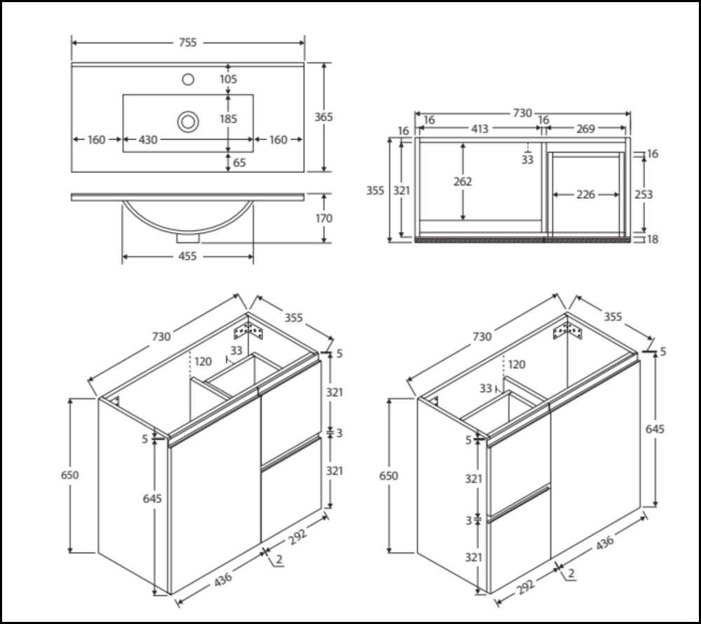 Fienza Siska 75DFL Slim 750mm White Wall Mounted Bathroom Vanity with Left Drawers - Perfect for Small Bathrooms & Modern Home Decor