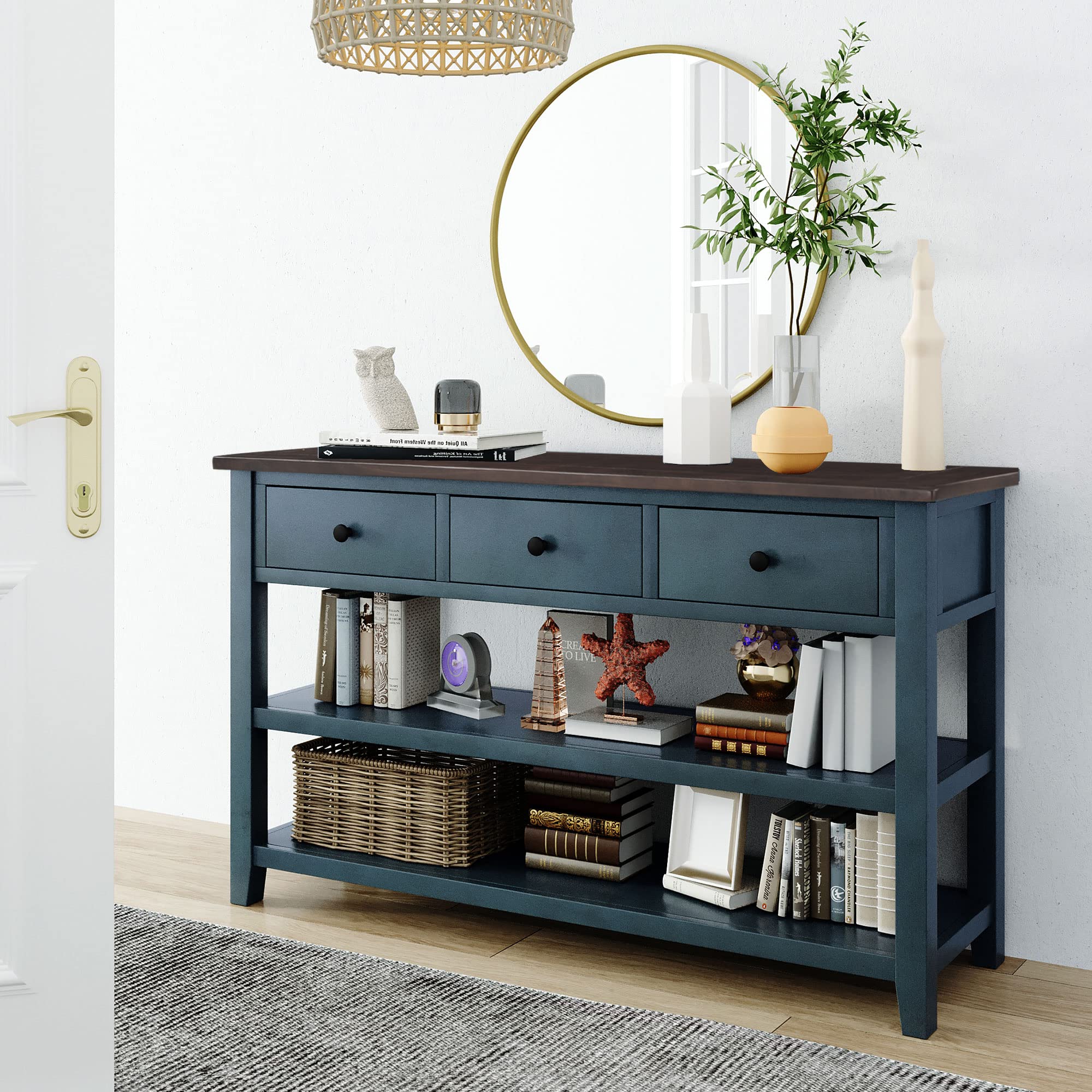Merax 63-Inch Extra Long Console Table with 3 Drawers & 2-Tier Shelves - Modern Entryway Sofa Table for Hallway, Living Room & Bedroom - Space-Saving Narrow Hall Table in Navy Blue