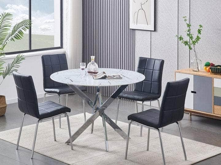 Wabana 5-Piece Round Tempered White Marble Glass Dining Table Set with Chrome Legs - 3 Color Options | Modern Kitchen & Dining Room Furniture for Family Gatherings