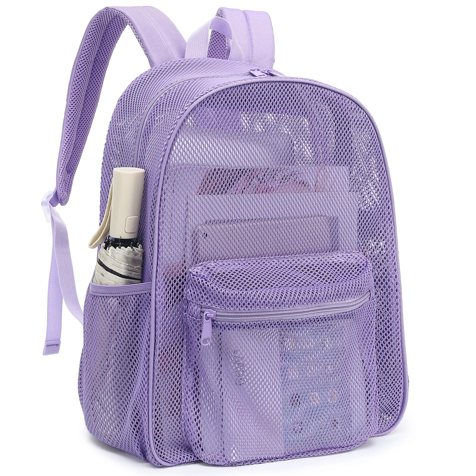 Heavy Duty Mesh Backpack - Transparent School Backpack for Work, Travel & Beach - Durable Lavender Purple Backpack for Students, Commuters & Outdoor Activities