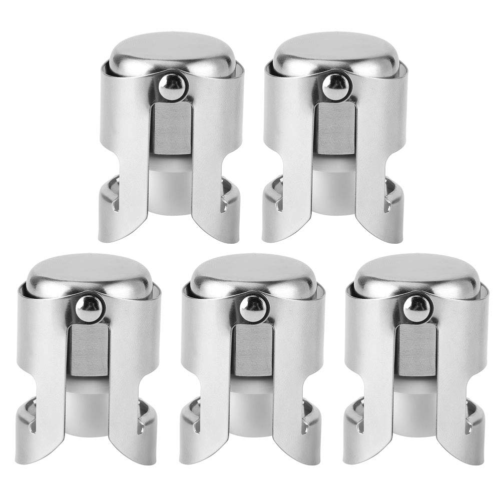 5-Piece Stainless Steel Champagne Stoppers - Silver Wine Bottle Sealers & Savers for Sparkling Wine, Prosecco - Perfect for Home, Hotel, Bar, Club & Party Entertaining