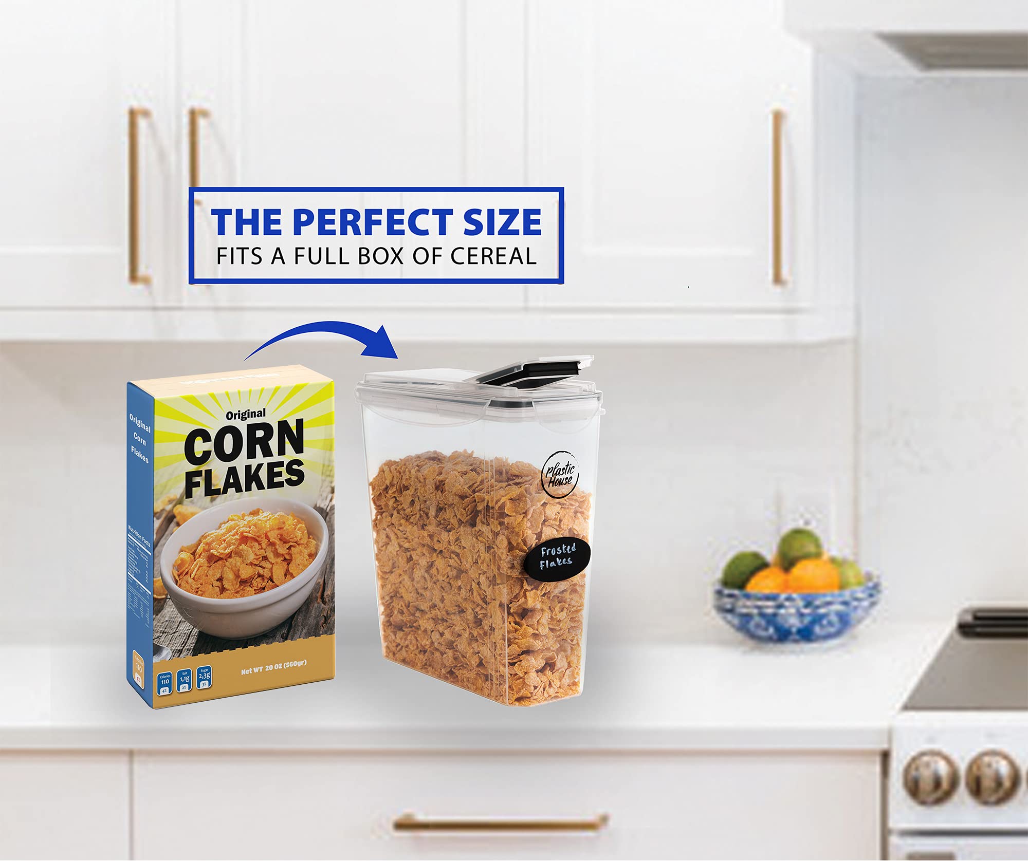 Airtight 4L Plastic Cereal Storage Containers with Lids - 4-Piece Set Fits Full Cereal Boxes | Kitchen Pantry Organizers for Cereal, Snacks & Dry Food Storage | Perfect for Breakfast, Baking & Bulk Food Organization
