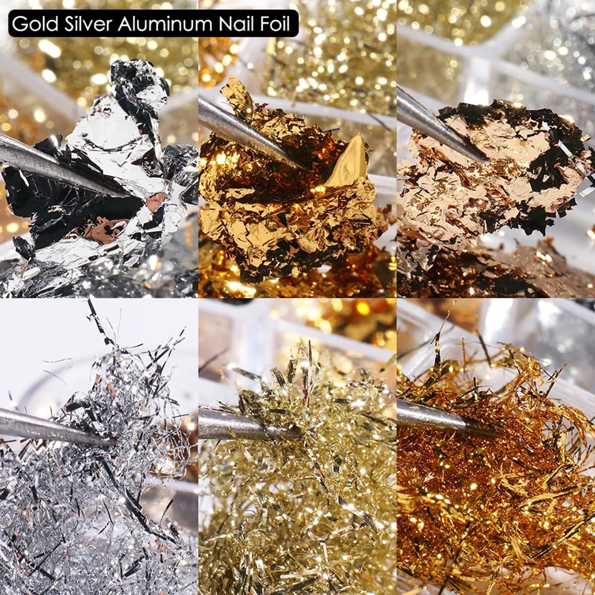 Holographic Nail Foil Flakes - 3D Sparkly Gold & Silver Glitter Sequins for Nail Art - DIY Acrylic Nails Design - 6 Grids - Perfect for Salon, Party, Wedding & Special Occasion Nail Decorations