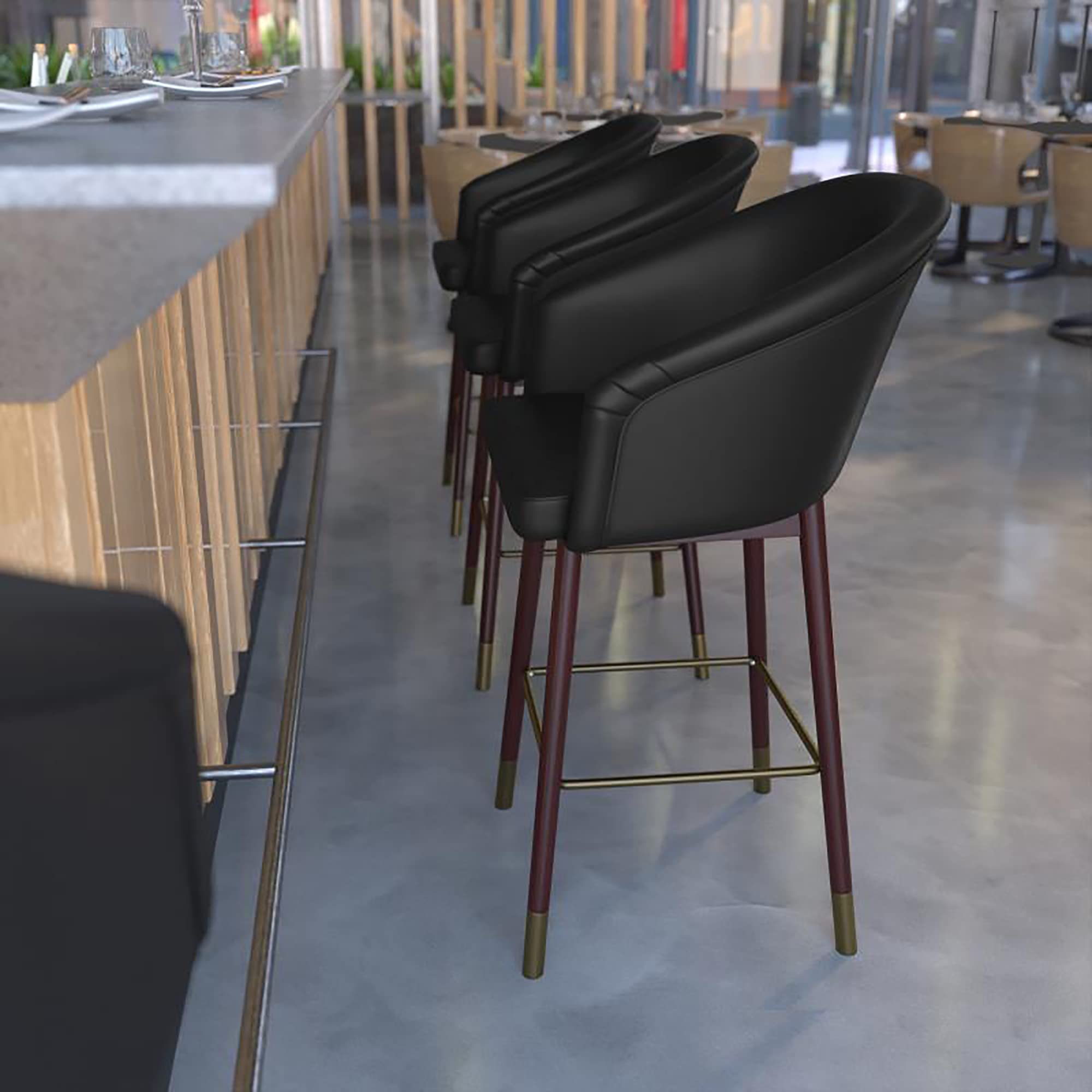 Flash Furniture Margo Commercial Grade Mid-Back Counter Stools - Set of 2 Black LeatherSoft Upholstered Bar Stools with Walnut Finish Beechwood Legs & Bronze Accents - 26