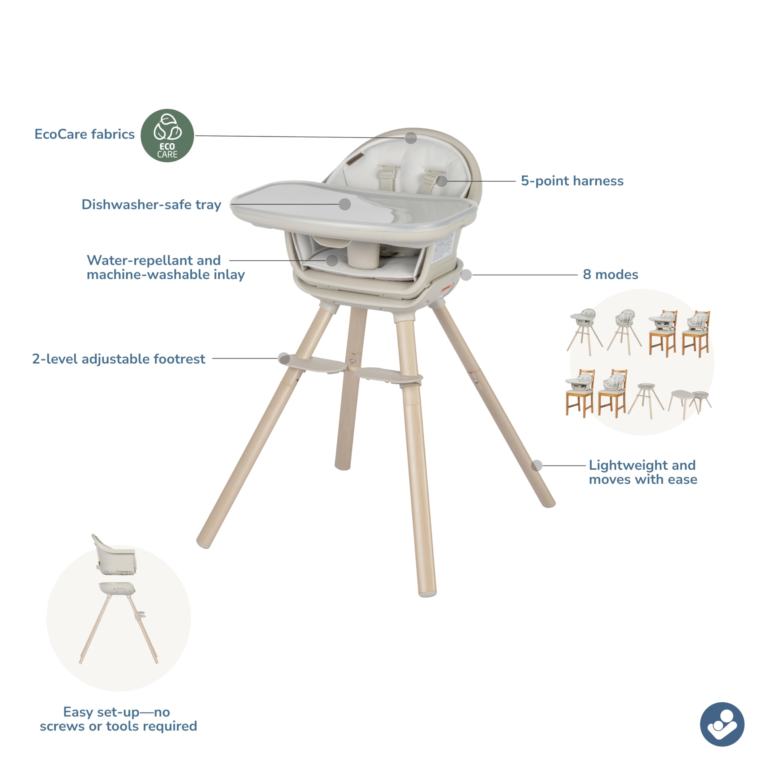 Maxi-Cosi Moa 8-in-1 Convertible High Chair for Babies & Toddlers | Lightweight, Compact & Machine Washable | Classic Oat Color | Perfect for Dining, Travel & Small Spaces