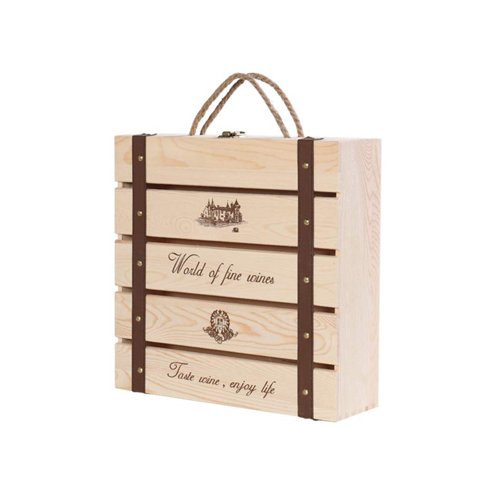 Natural Wooden Wine Box Carrier - 4 Bottle Wine Gift Box with Handle for Travel, Storage & Gifting - Elegant Wooden Wine Bottle Case Holder for Home, Parties & Weddings