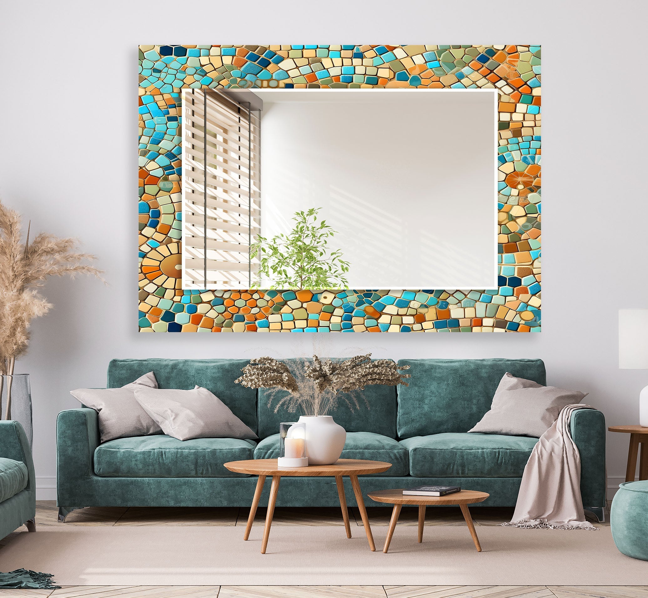 Beige and Blue Mosaic Wall Mirror - Handmade Decorative Bathroom Vanity Mirror - Perfect for Bedroom, Living Room & Entryway Décor