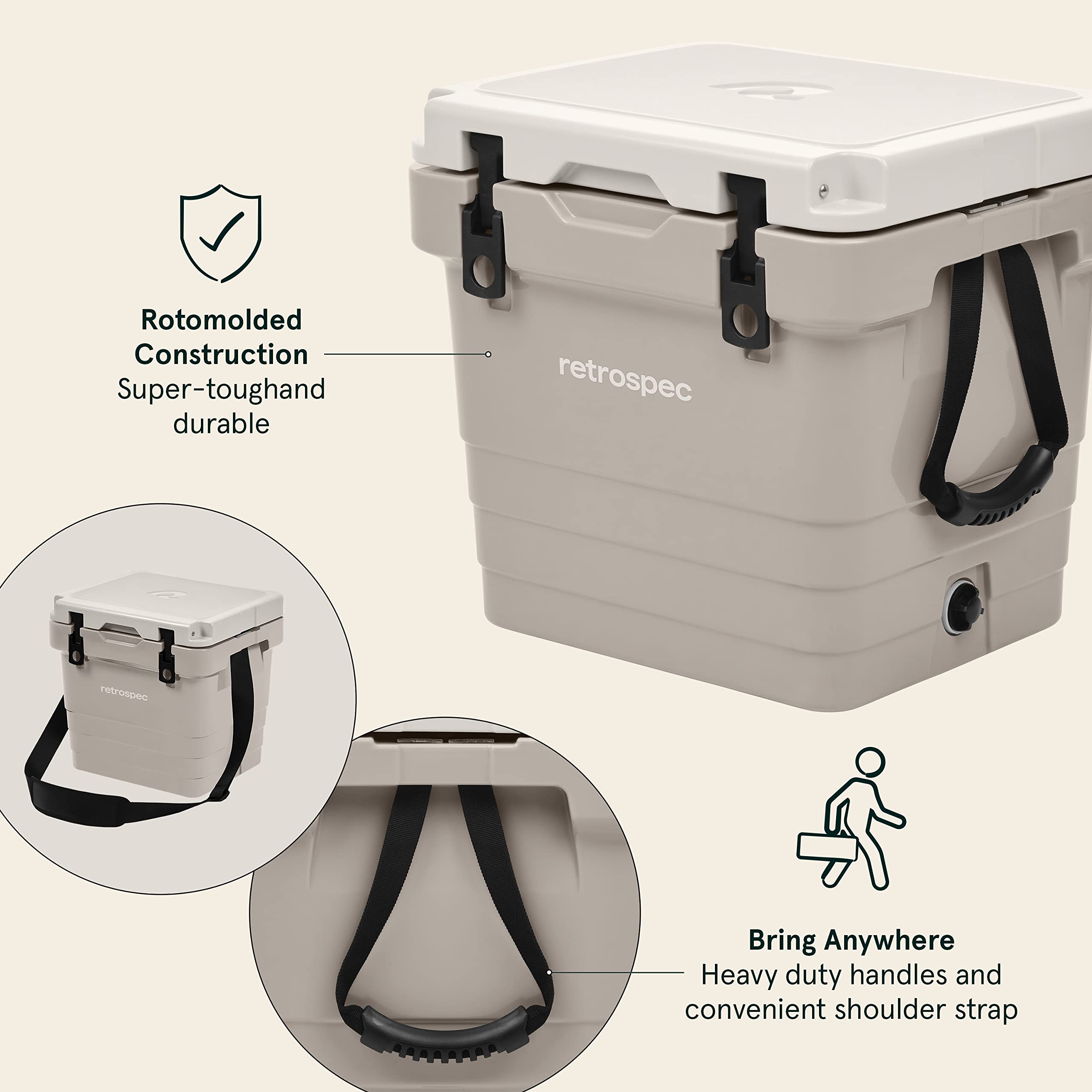 Retrospec Palisade Rotomolded Cooler - Fully Insulated Portable Ice Chest with Built-in Bottle Opener, Tie-Down Slots & Dry Storage Basket - 25QT, 45QT, 65QT Sizes for Beach, Camping, Travel & Outdoor Adventures - Perfect for Picnics, Tailgating & Road Trips