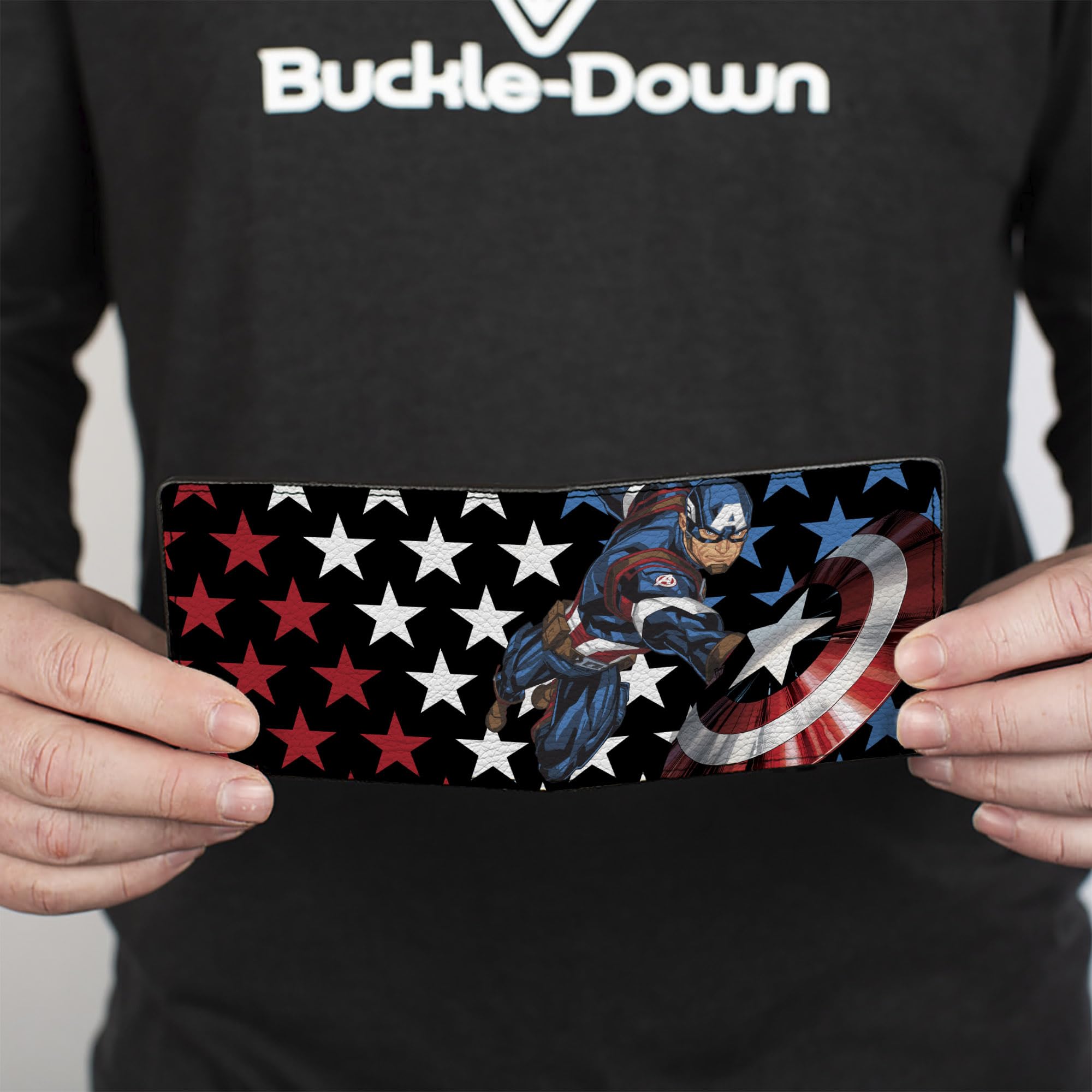 Buckle-Down Men's Bifold Wallet - Captain America Design, 4.0 x 3.5 Inches, Genuine Leather, Slim RFID Blocking Wallet for Everyday Carry, Gifts for Men