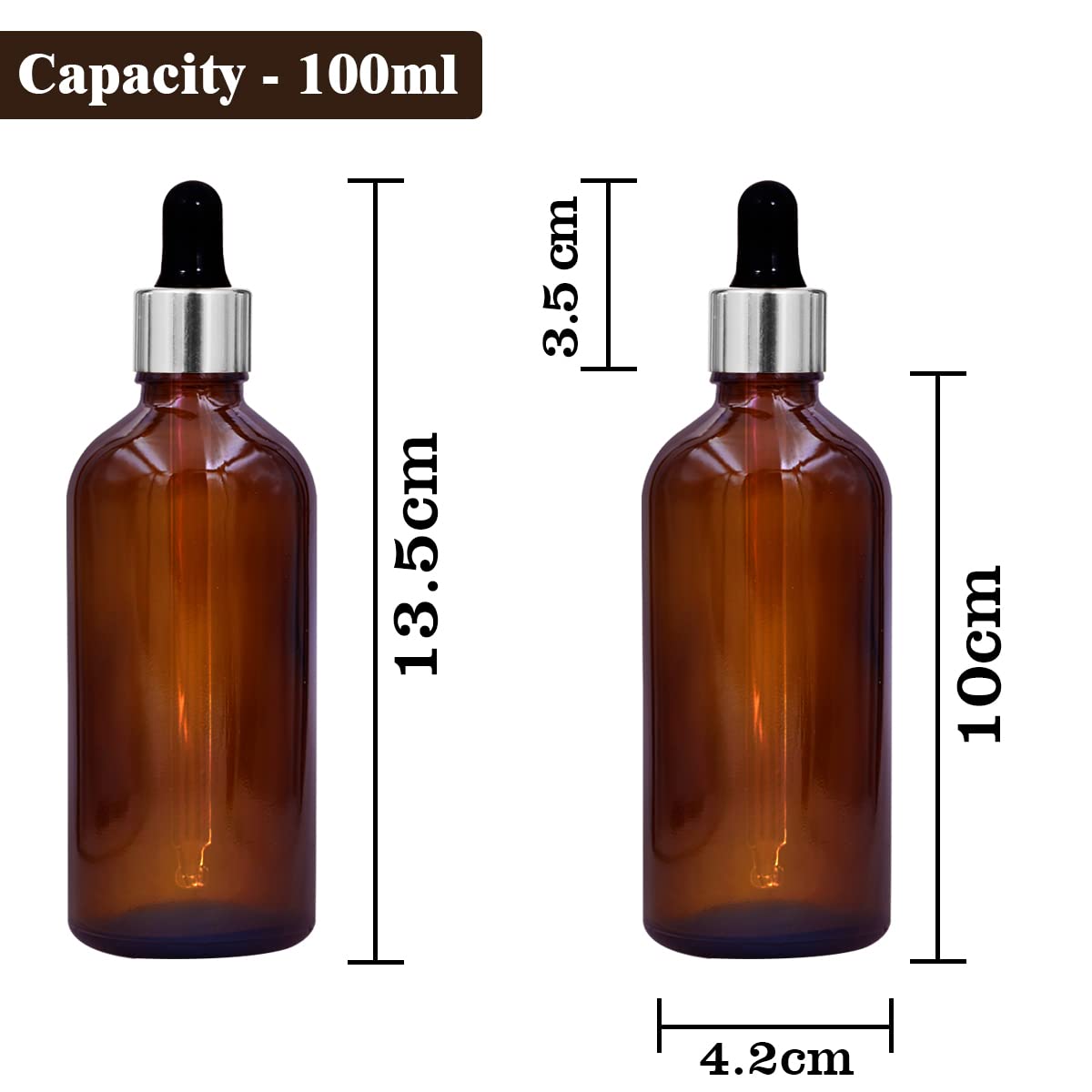 NSB Herbals 100ml Amber Round Empty Glass Bottle with Glass Dropper, Silver Ring & Black Silicone Teat - Refillable Essential Oil Bottle for DIY Perfumes, Aromatherapy, and Herbal Extracts (Pack of 1)
