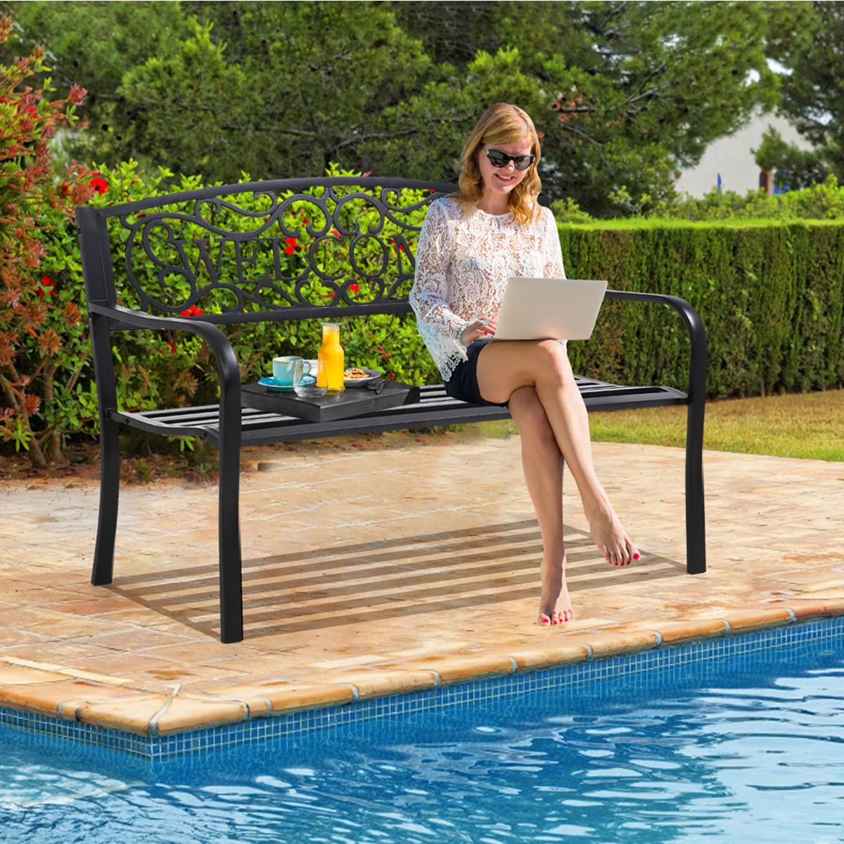 YRLLENSDAN Black Metal Welcome Outdoor Bench - Cast Iron Garden Loveseat with Backrest & Armrest - Modern Simple Style Patio Furniture for Front Door, Porch, Yard, and Garden Decor