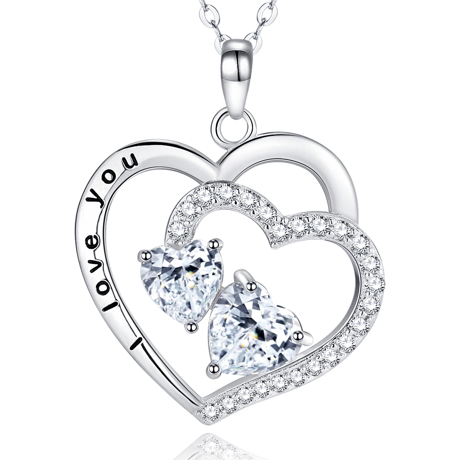 LANE WOODS Mother's Day Necklace for Mom - White Gold Plated 925 Sterling Silver Heart Pendant with Engraving - Thoughtful Gift from Daughter or Son - Perfect for Birthdays, Anniversaries & Special Occasions