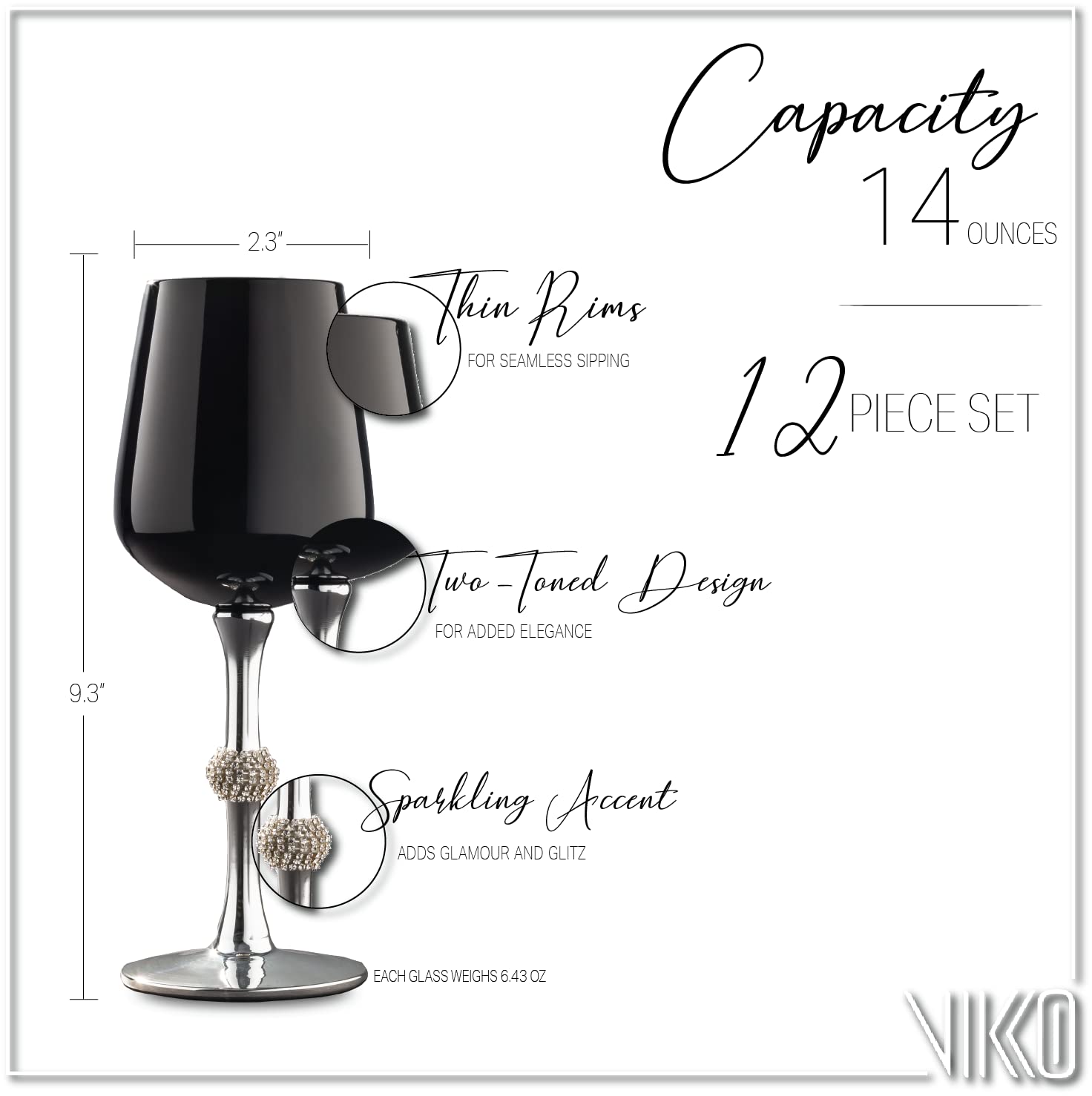 Elegant Black and Silver Wine Glasses Set of 12 - 14.2 oz Crystal Clear Cups with Diamante Accents - Dishwasher Safe - Perfect for Parties, Weddings, and Home Decor (9.2