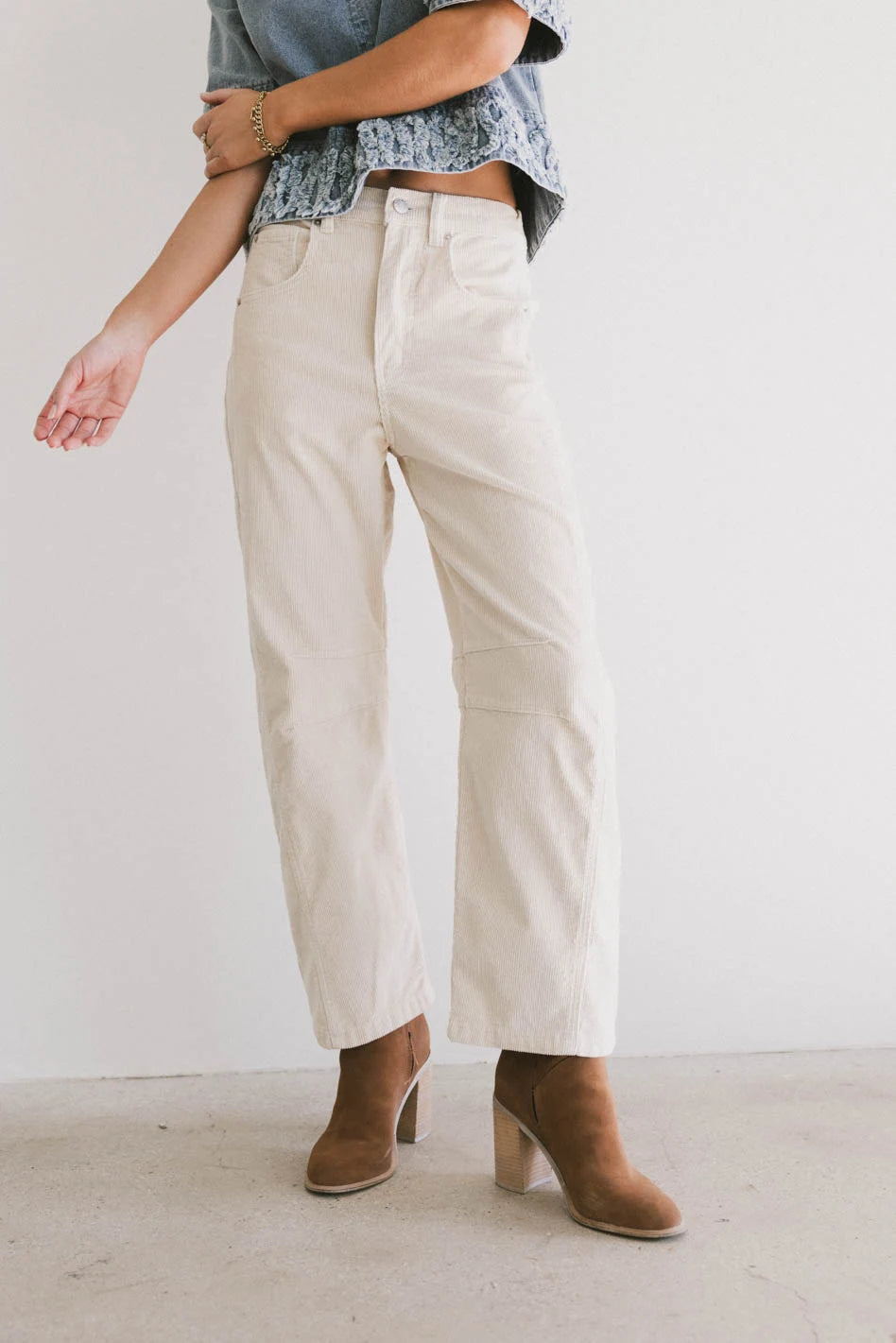 Lisette High Waist Barrel Jeans in Ivory Corduroy - Women's Vintage Style Stretch Denim Pants for Casual & Office Wear - FINAL SALE
