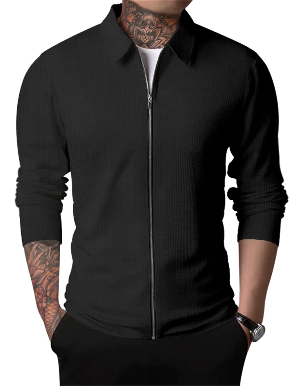 PICKLION Men's Casual Cardigan Sweater - Laydown Collar, Zipper Front, Solid Color Long Sleeve Waffle Knit Jacket | Perfect for Office, Date Night & Fall Layering