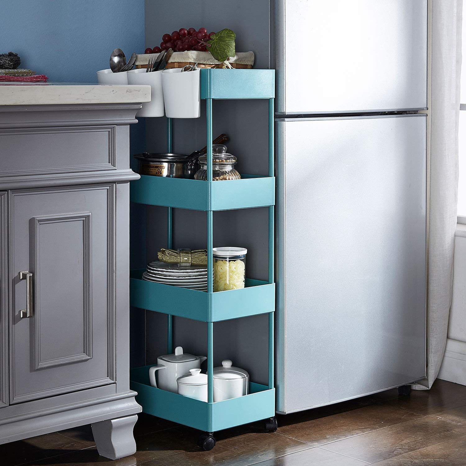 BEEY 4-Tier Slim Rolling Storage Cart with Wheels - Compact Utility Organizer for Kitchen, Bathroom, Bedroom, Office - Blue | Perfect for Craft Supplies, Bath Essentials & Small Space Storage