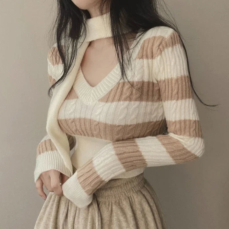 Elegant Scarf Collar & Cable Knit Long Sleeve Striped Skinny Sweater for Women | Winter Fashion Layering, Office Wear & Casual Outfits