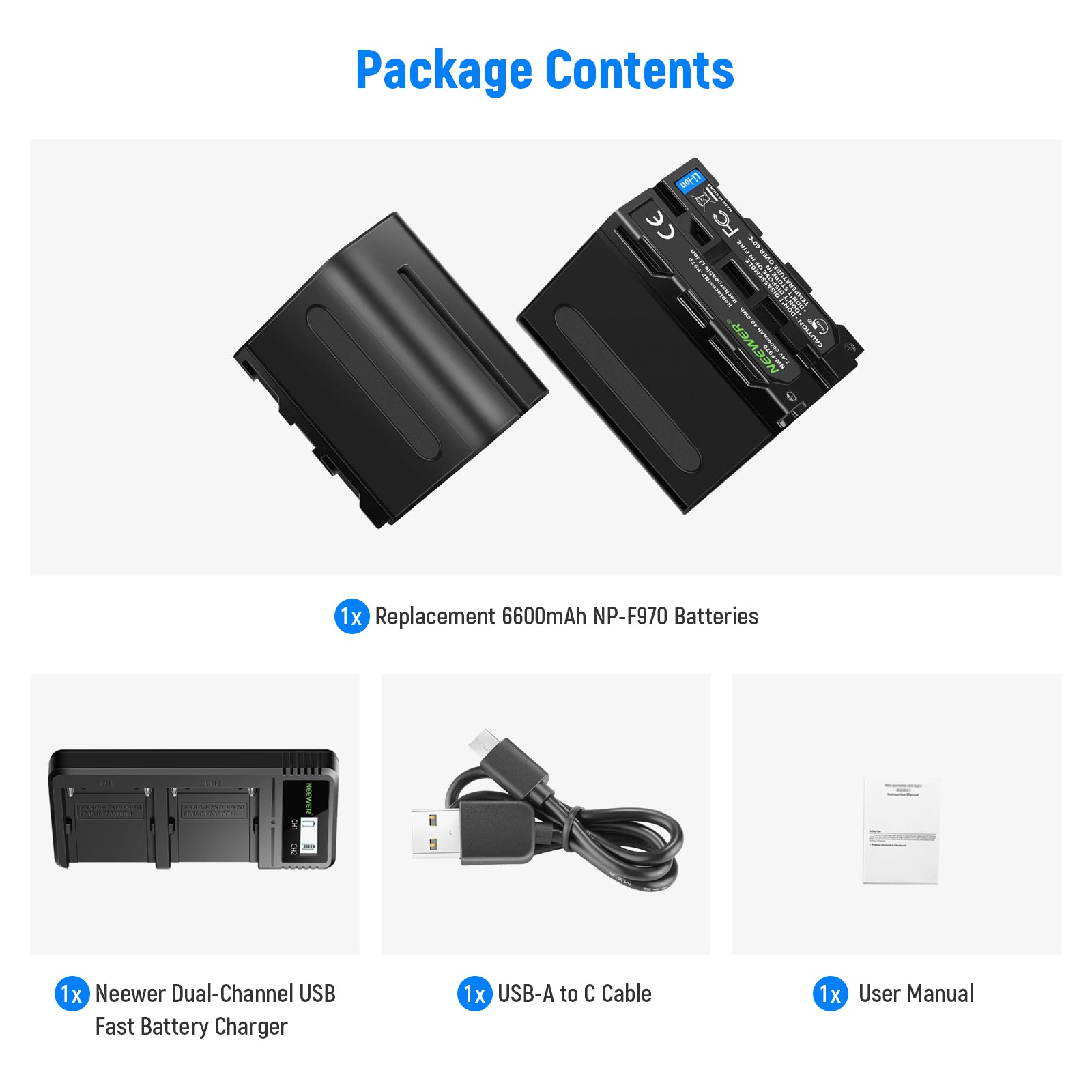 NEEWER 2 Pack Sony NP-F970 Replacement Battery and Dual Charger Kit - Compatible with Sony Cameras, Camcorders & DSLR for Professional Photography & Videography