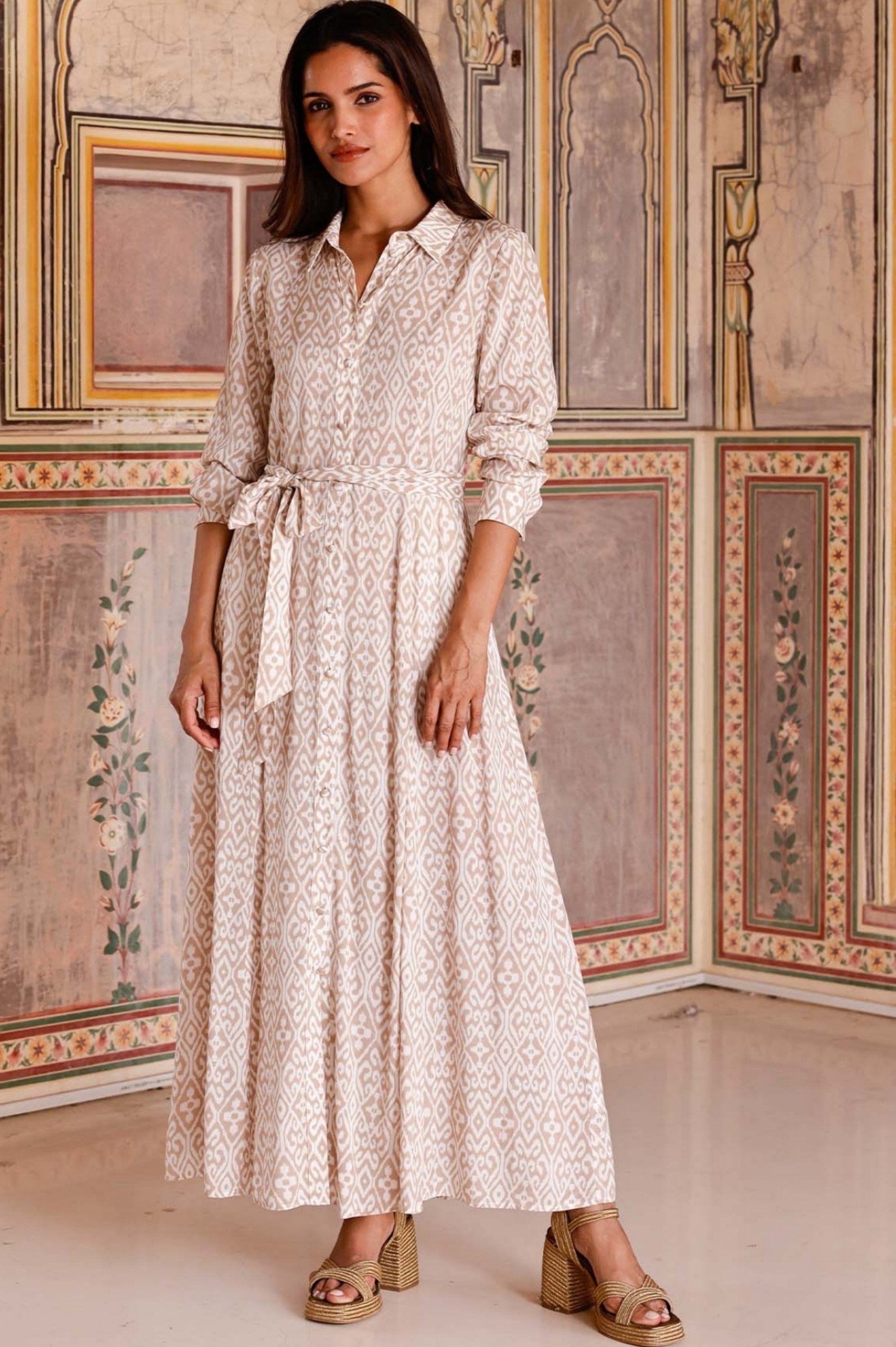 EcoVero Sustainable Shirt Dress for Women | Taupe & White | Casual Office Wear & Summer Outfits